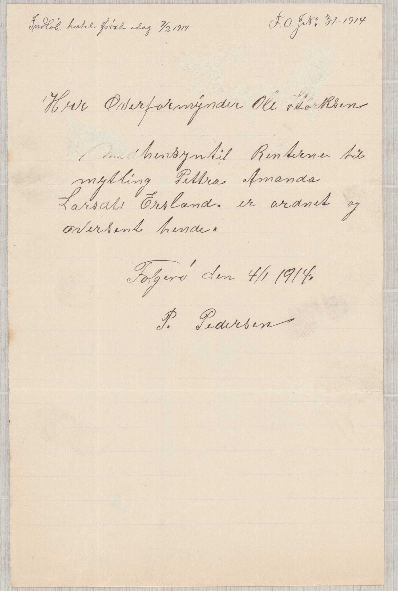 Finnaas kommune. Overformynderiet, IKAH/1218a-812/D/Da/Daa/L0003/0001: Kronologisk ordna korrespondanse / Kronologisk ordna korrespondanse, 1914-1916, p. 7