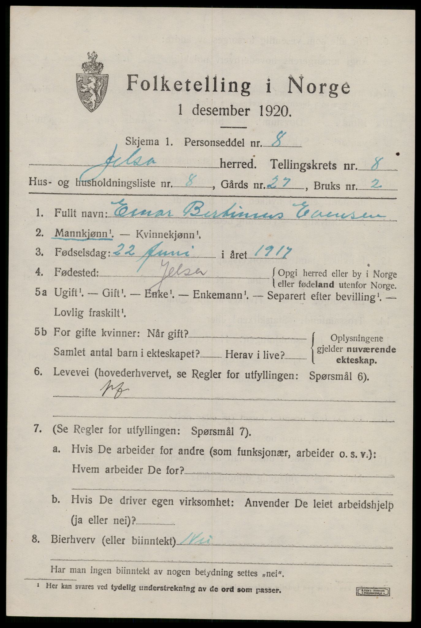 SAST, 1920 census for Jelsa, 1920, p. 2290