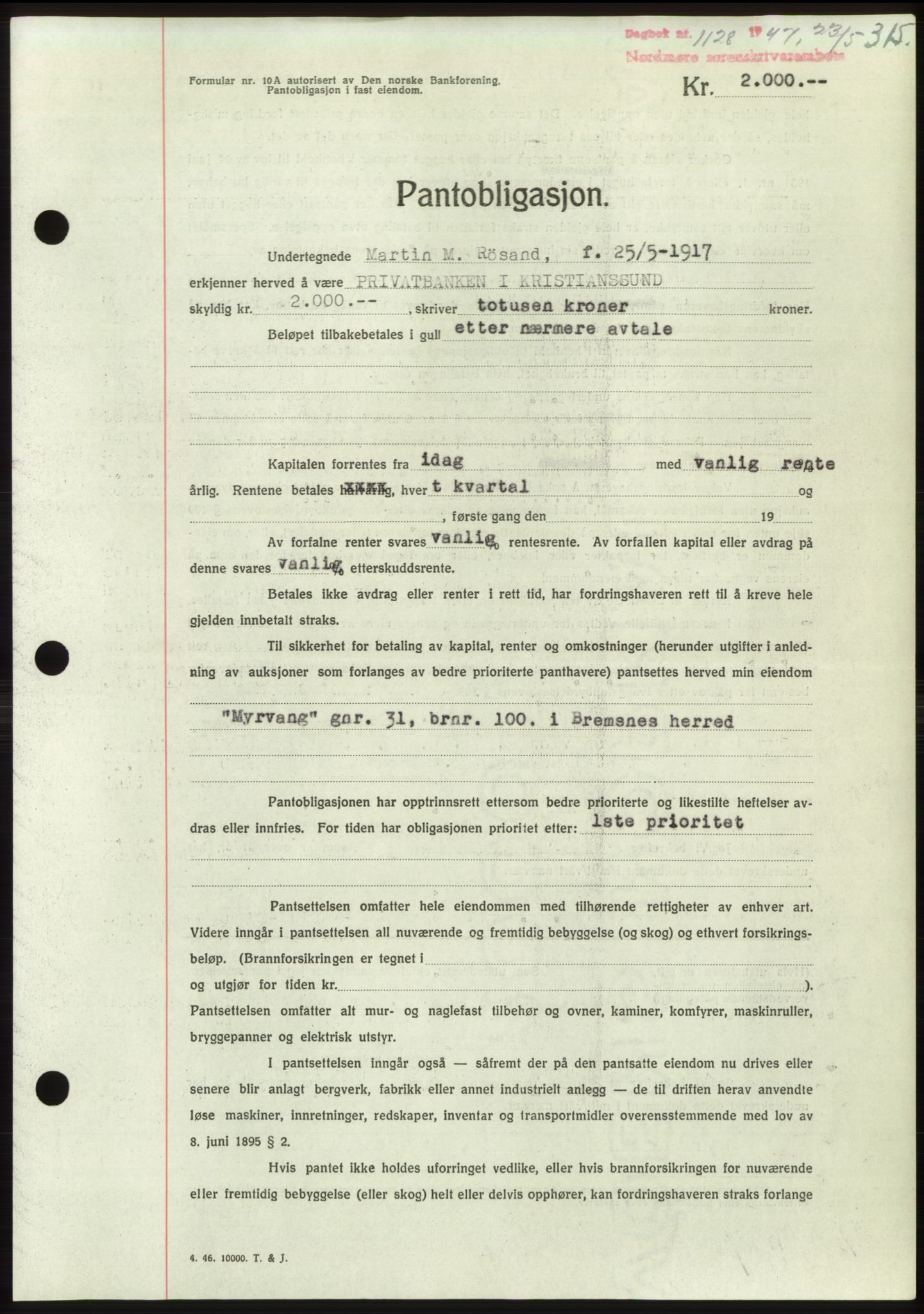 Nordmøre sorenskriveri, AV/SAT-A-4132/1/2/2Ca: Mortgage book no. B96, 1947-1947, Diary no: : 1128/1947