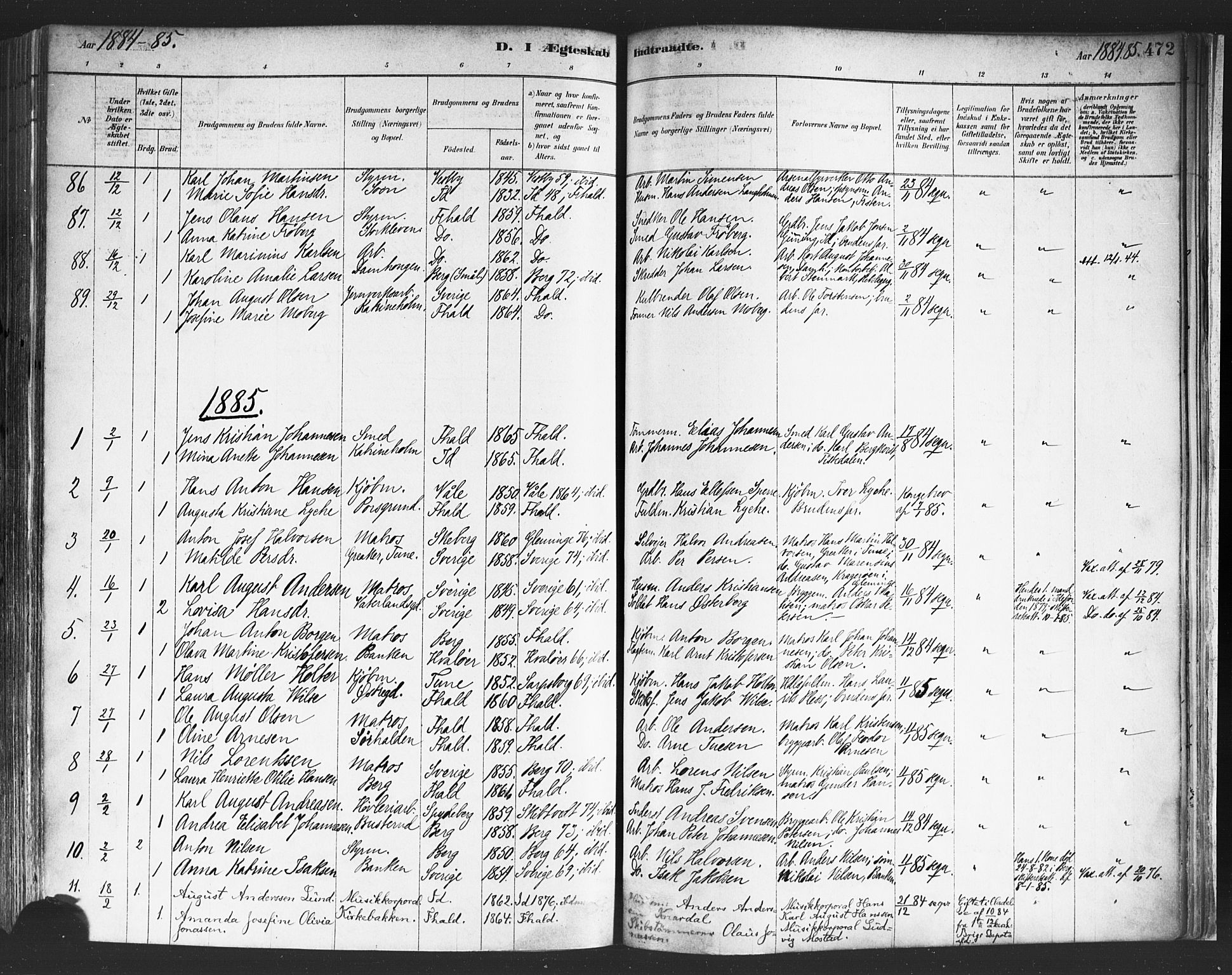 Halden prestekontor Kirkebøker, SAO/A-10909/F/Fa/L0011: Parish register (official) no. I 11, 1878-1889, p. 472