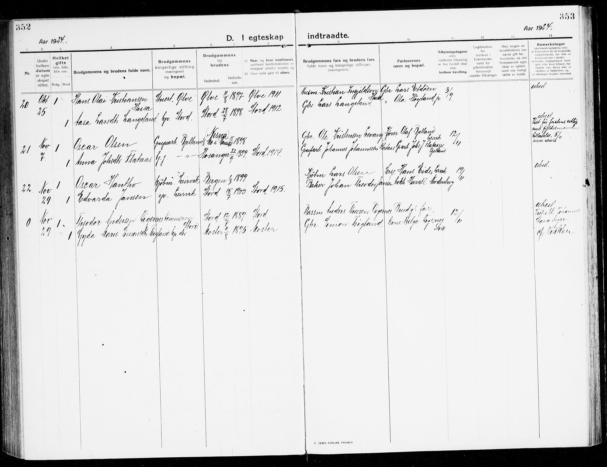 Stord sokneprestembete, AV/SAB-A-78201/H/Haa: Parish register (official) no. B 3, 1913-1925, p. 352-353