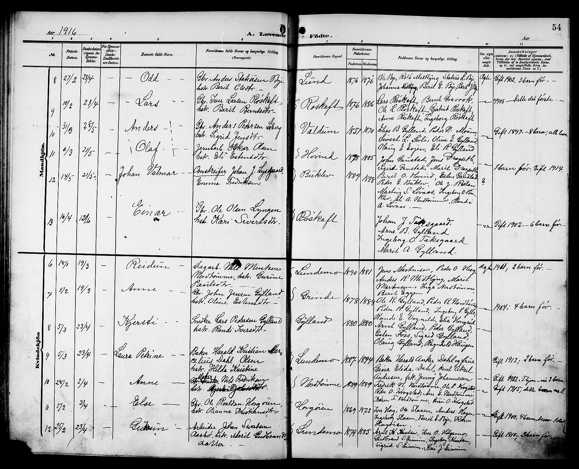 Ministerialprotokoller, klokkerbøker og fødselsregistre - Sør-Trøndelag, SAT/A-1456/692/L1112: Parish register (copy) no. 692C07, 1904-1918, p. 54