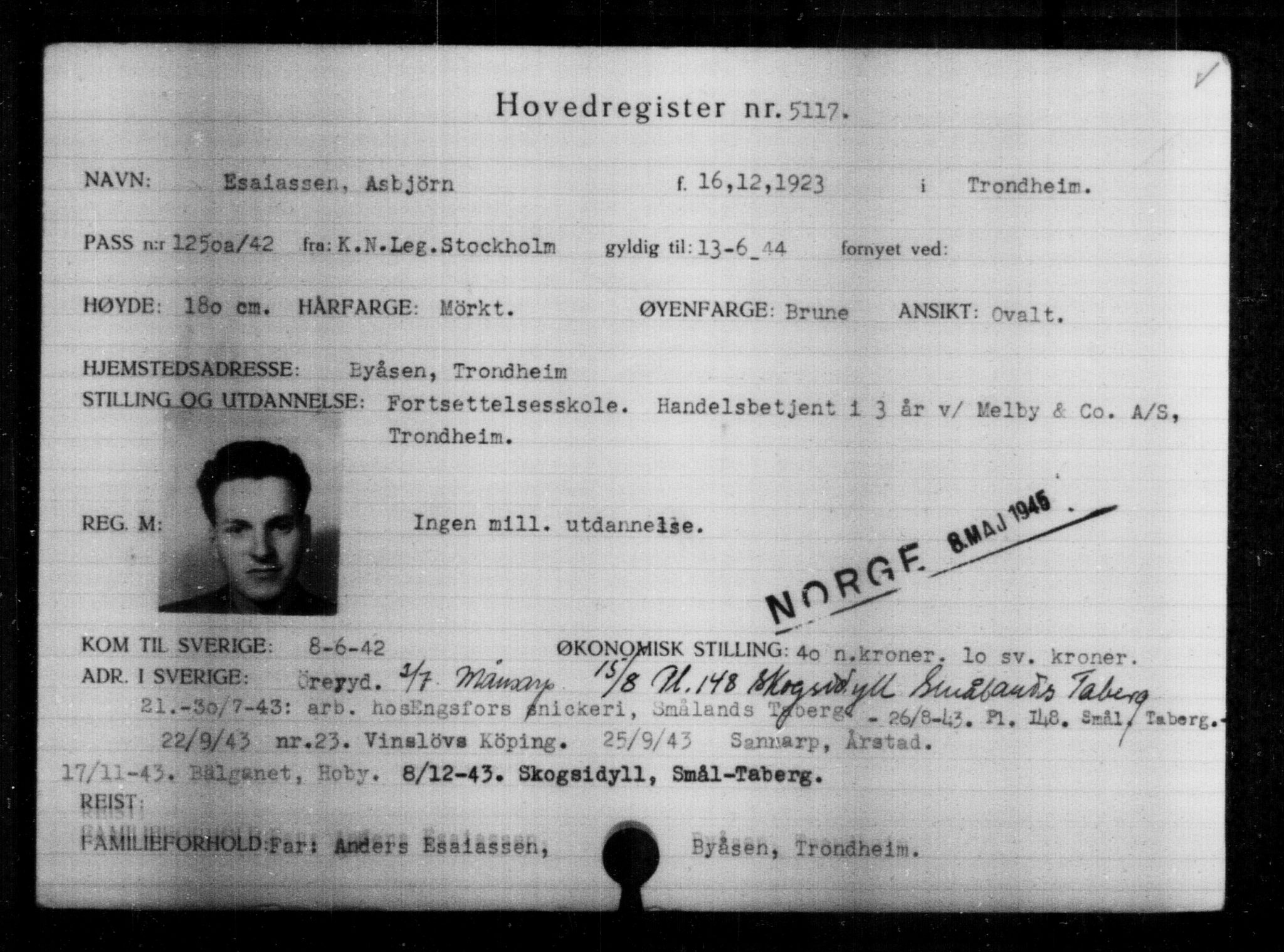 Utenriksstasjonene, Legasjonen i Stockholm, Flyktningkontoret, AV/RA-S-6753/V/Va/L0004: Kjesäterkartoteket, flyktninger med registreringsnr. 3496-6610, 1940-1945, p. 1910