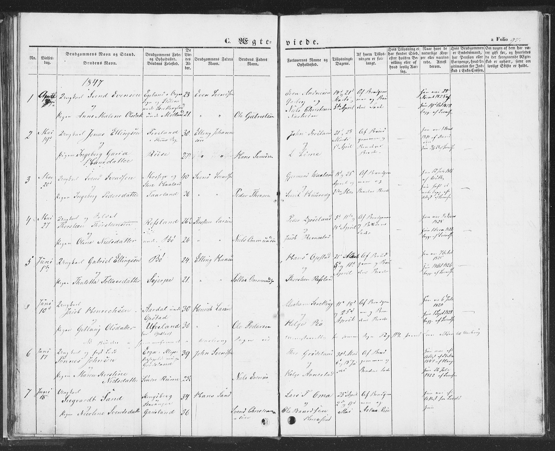 Hå sokneprestkontor, AV/SAST-A-101801/001/30BA/L0006: Parish register (official) no. A 5, 1842-1853, p. 97