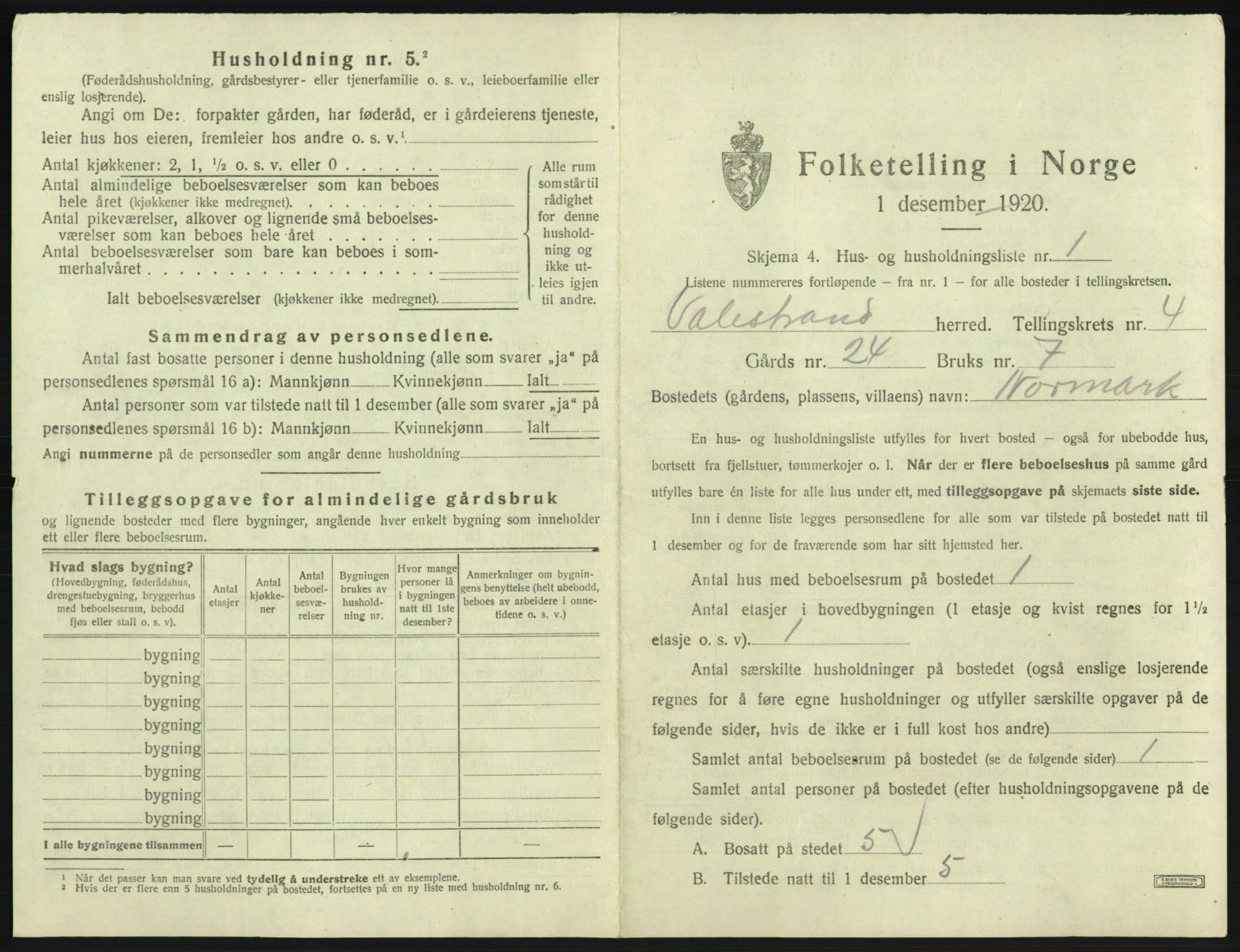 SAB, 1920 census for Valestrand, 1920, p. 243