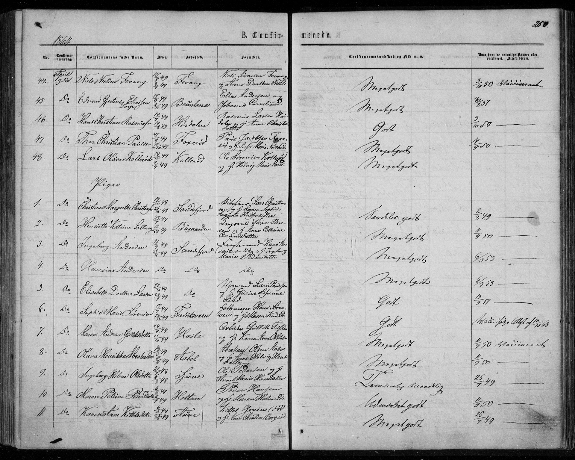 Sandar kirkebøker, SAKO/A-243/F/Fa/L0008: Parish register (official) no. 8, 1862-1871, p. 260