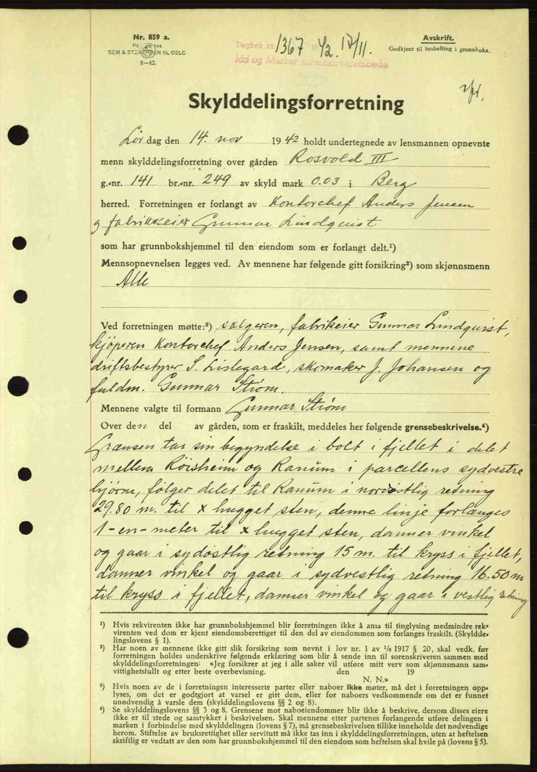 Idd og Marker sorenskriveri, AV/SAO-A-10283/G/Gb/Gbb/L0005: Mortgage book no. A5, 1941-1943, Diary no: : 1367/1942