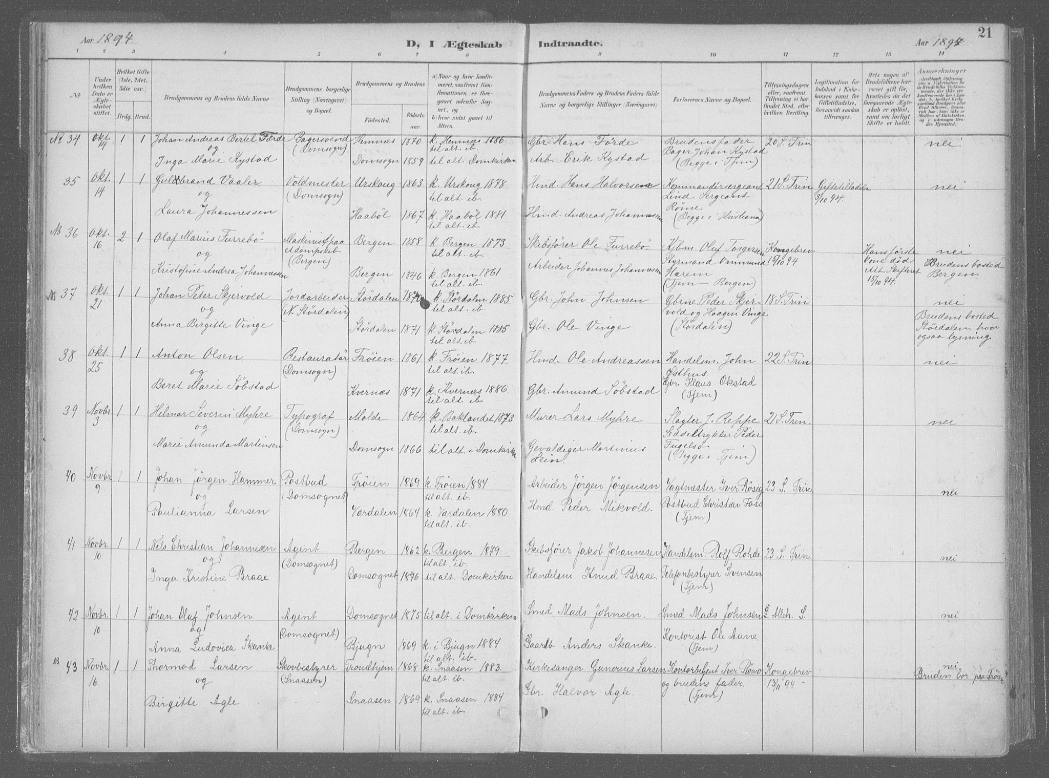 Ministerialprotokoller, klokkerbøker og fødselsregistre - Sør-Trøndelag, AV/SAT-A-1456/601/L0064: Parish register (official) no. 601A31, 1891-1911, p. 21