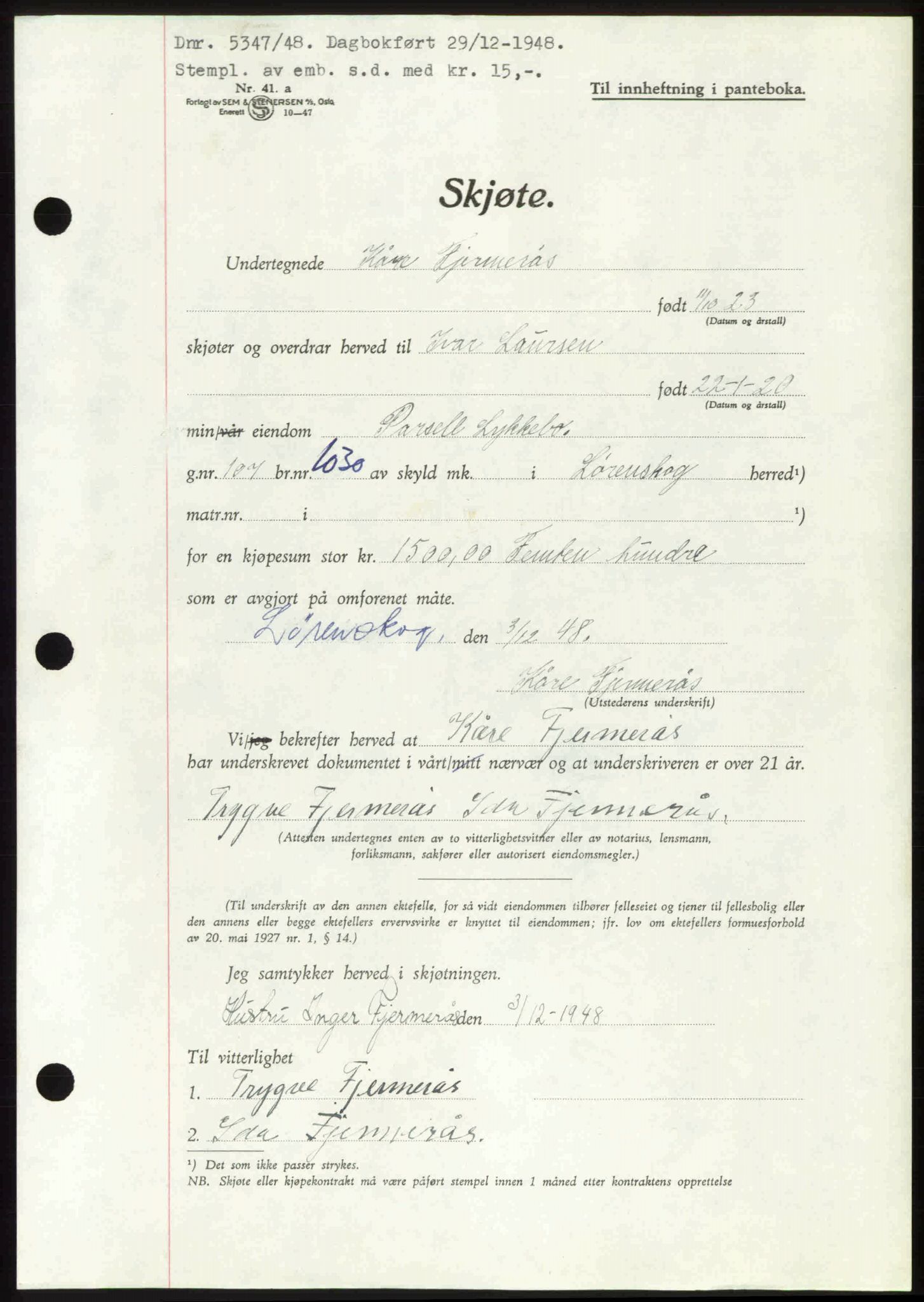 Nedre Romerike sorenskriveri, AV/SAO-A-10469/G/Gb/Gbd/L0023: Mortgage book no. 23, 1948-1948, Diary no: : 5347/1948