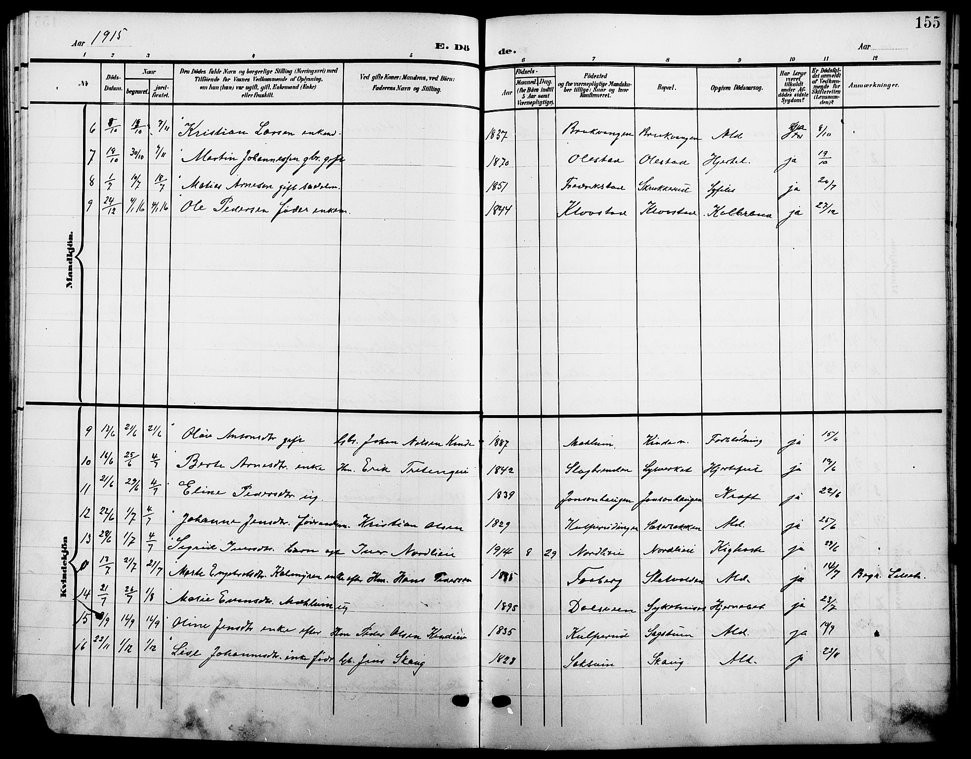 Ringsaker prestekontor, SAH/PREST-014/L/La/L0016: Parish register (copy) no. 16, 1905-1920, p. 155