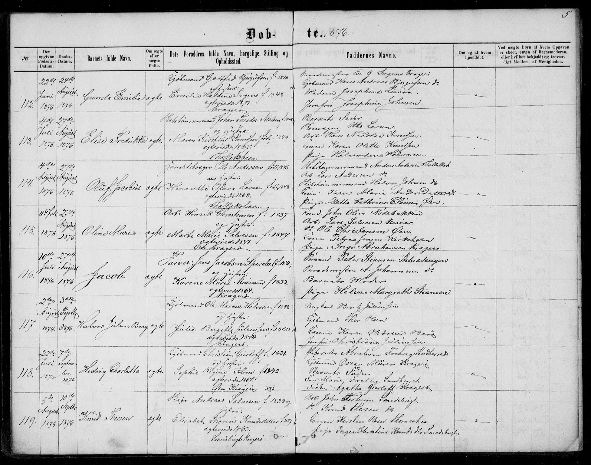 Kragerø kirkebøker, AV/SAKO-A-278/G/Ga/L0006: Parish register (copy) no. 6, 1876-1881, p. 5