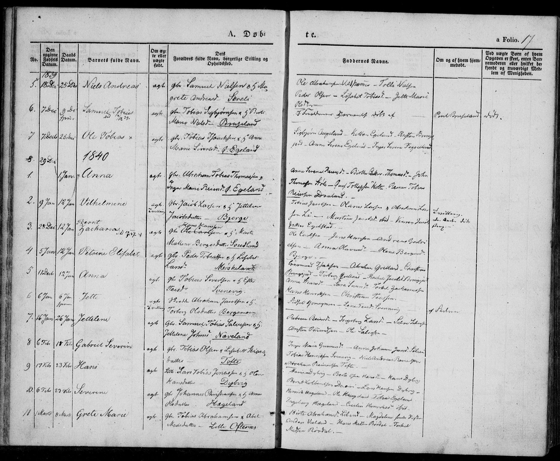 Lyngdal sokneprestkontor, SAK/1111-0029/F/Fa/Fac/L0008: Parish register (official) no. A 8, 1837-1852, p. 17