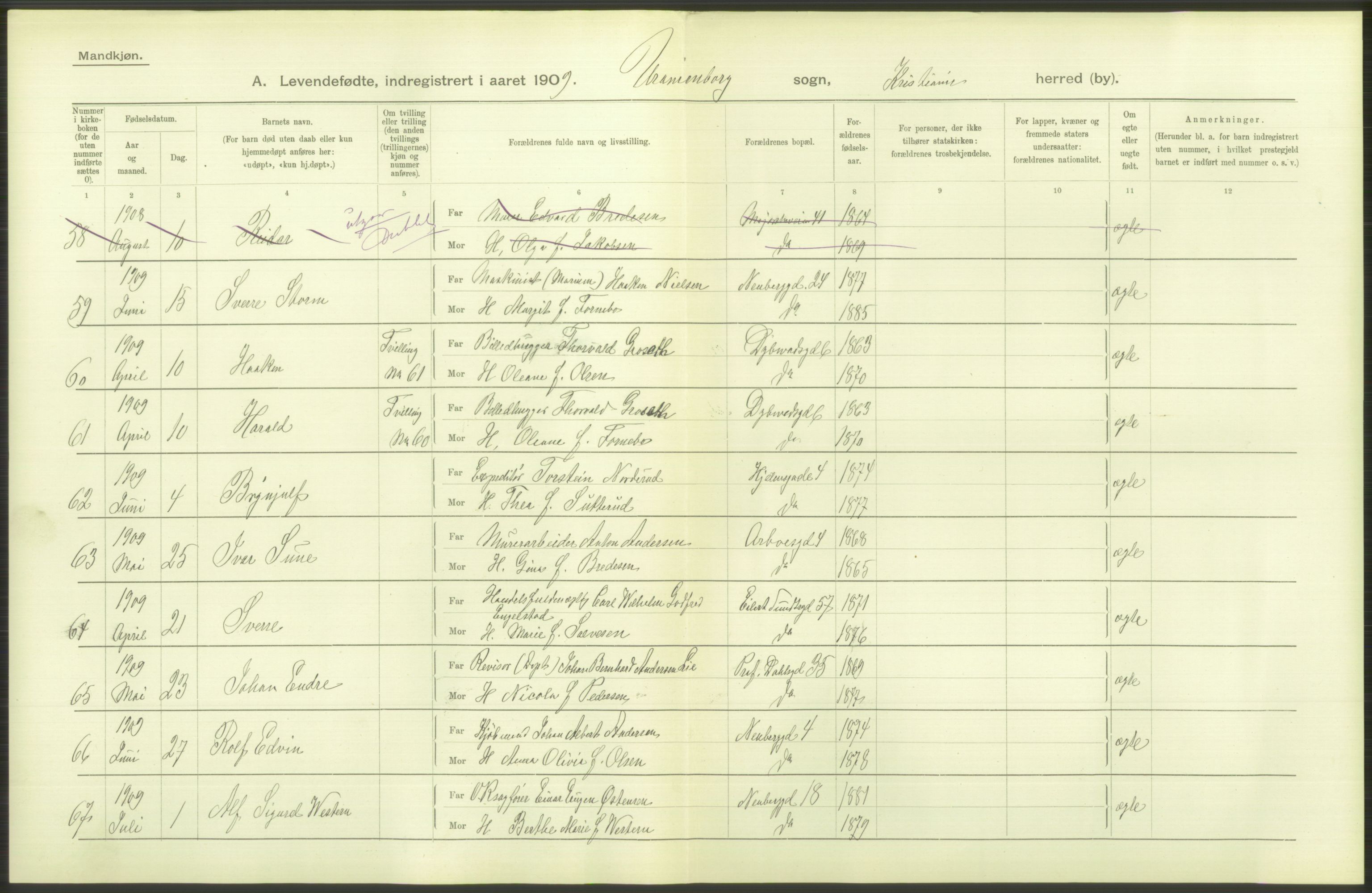 Statistisk sentralbyrå, Sosiodemografiske emner, Befolkning, AV/RA-S-2228/D/Df/Dfa/Dfag/L0007: Kristiania: Levendefødte menn og kvinner., 1909, p. 40