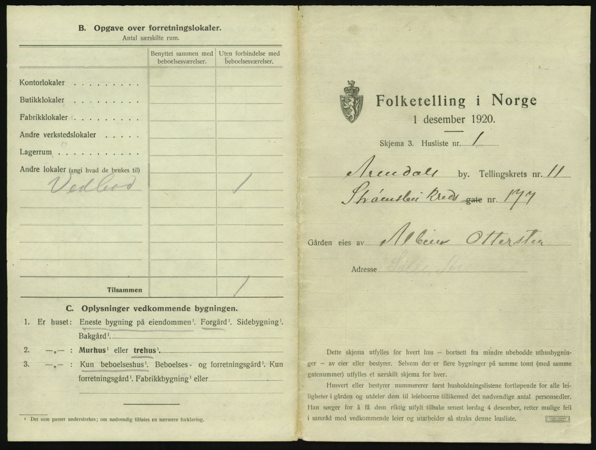 SAK, 1920 census for Arendal, 1920, p. 1474