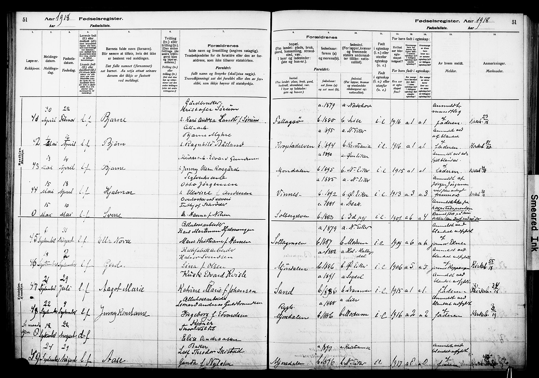 Nedre Eiker kirkebøker, AV/SAKO-A-612/J/Ja/L0001: Birth register no. 1, 1916-1925, p. 51