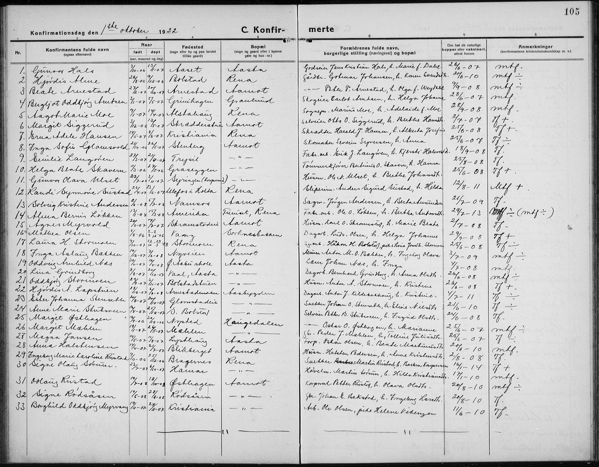 Åmot prestekontor, Hedmark, SAH/PREST-056/H/Ha/Hab/L0005: Parish register (copy) no. 5, 1921-1934, p. 105