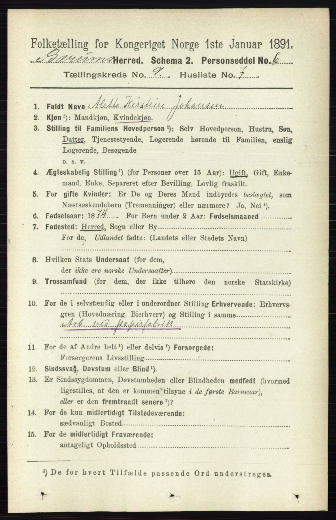 RA, 1891 census for 0219 Bærum, 1891, p. 5196