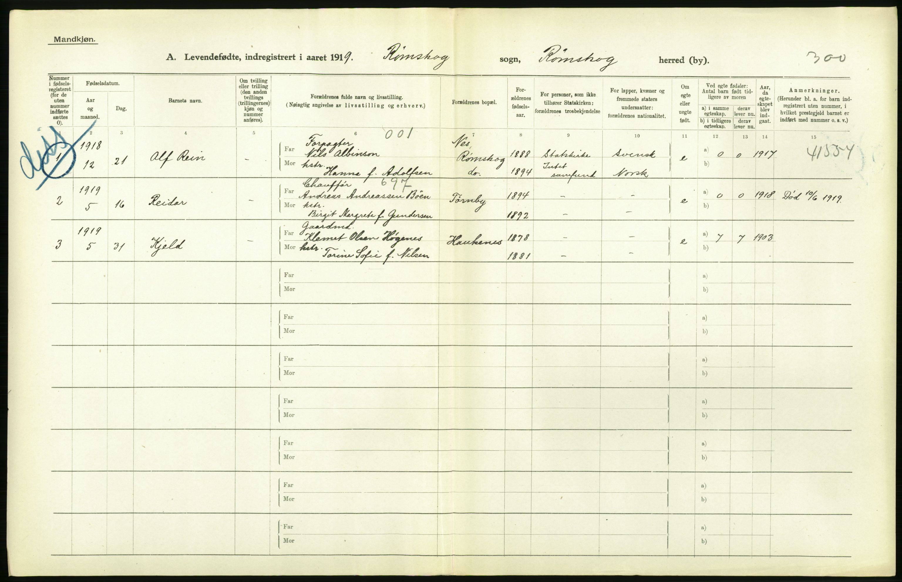 Statistisk sentralbyrå, Sosiodemografiske emner, Befolkning, RA/S-2228/D/Df/Dfb/Dfbi/L0001: Østfold fylke: Levendefødte menn og kvinner. Bygder., 1919, p. 544