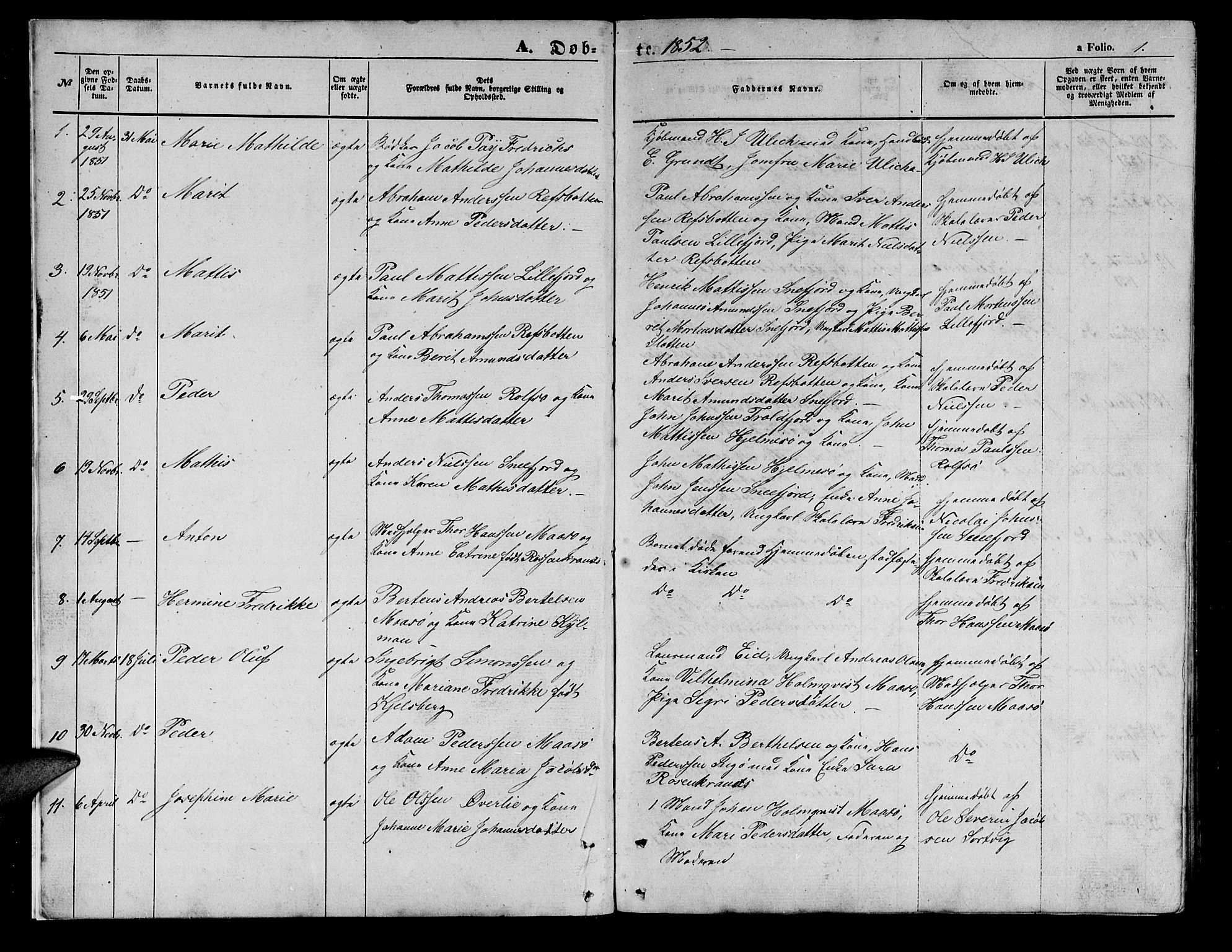 Måsøy sokneprestkontor, SATØ/S-1348/H/Hb/L0001klokker: Parish register (copy) no. 1, 1852-1877, p. 1