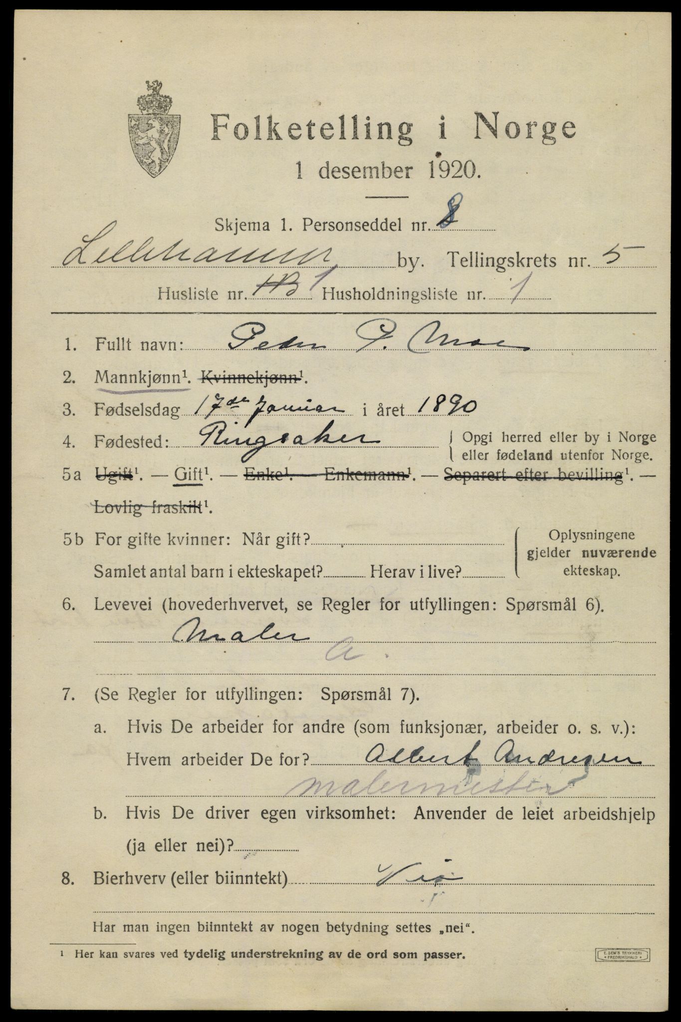 SAH, 1920 census for Lillehammer, 1920, p. 7660