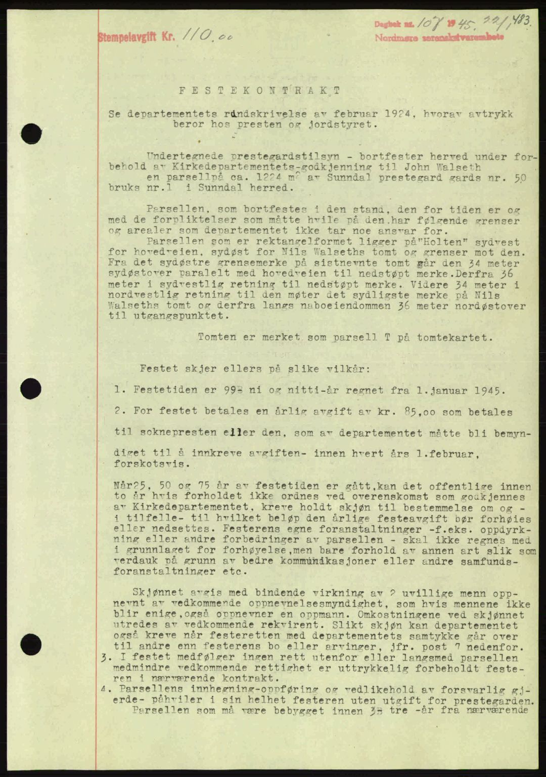 Nordmøre sorenskriveri, AV/SAT-A-4132/1/2/2Ca: Mortgage book no. B92, 1944-1945, Diary no: : 106/1945