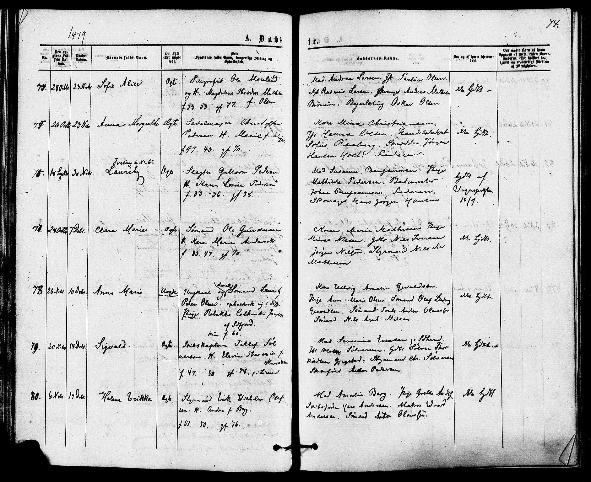 Sandefjord kirkebøker, AV/SAKO-A-315/F/Fa/L0001: Parish register (official) no. 1, 1873-1879, p. 74