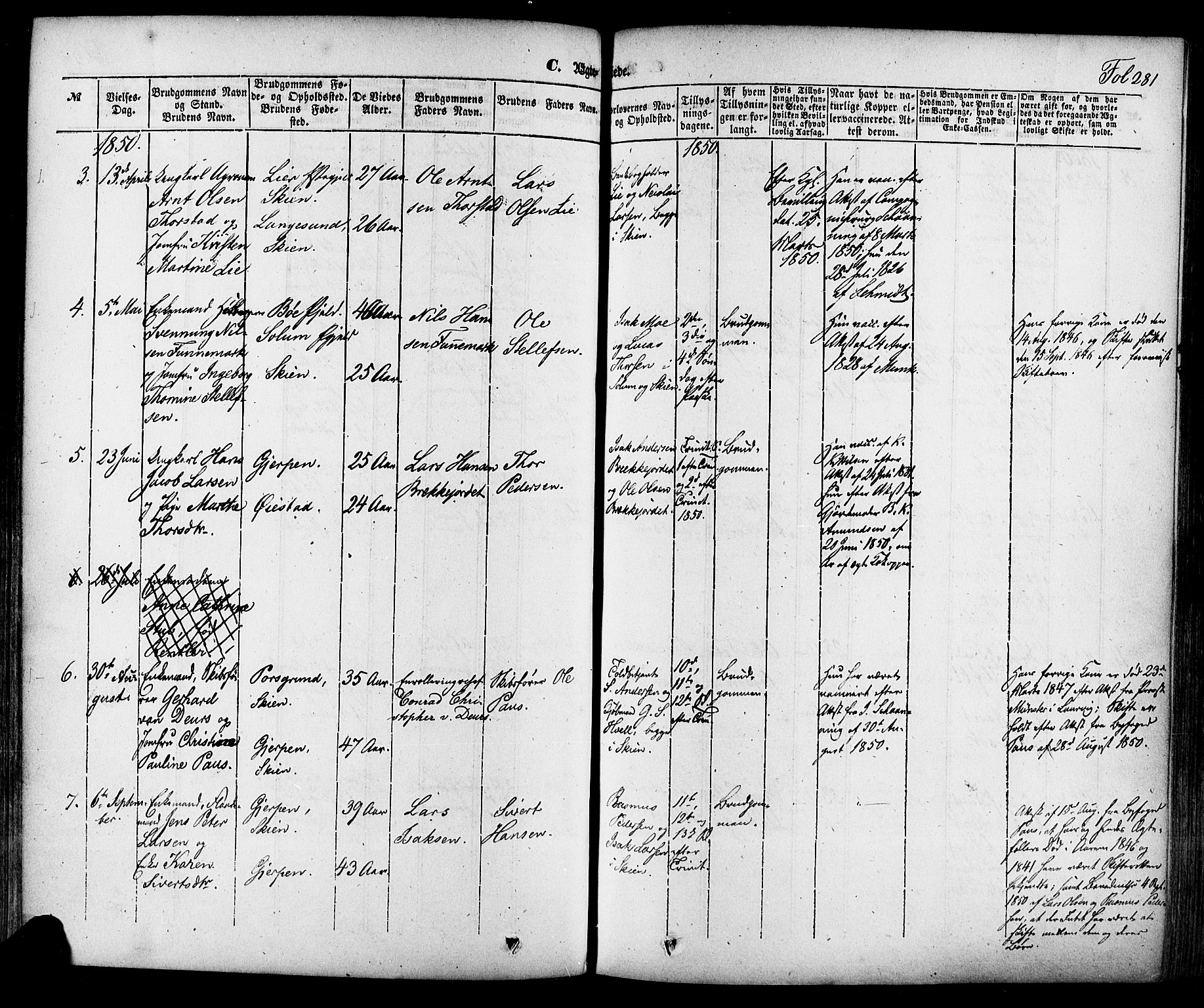 Skien kirkebøker, AV/SAKO-A-302/F/Fa/L0006a: Parish register (official) no. 6A, 1843-1856, p. 281