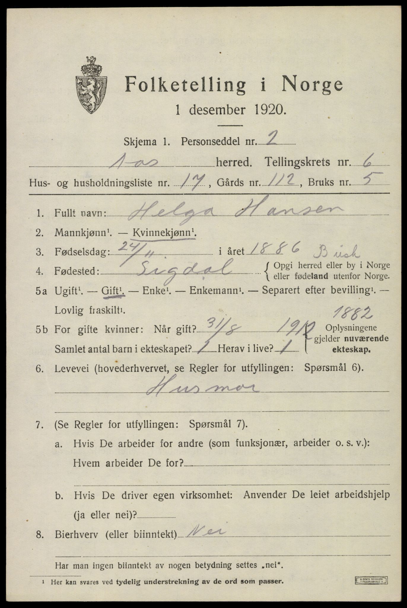 SAO, 1920 census for Ås, 1920, p. 7018