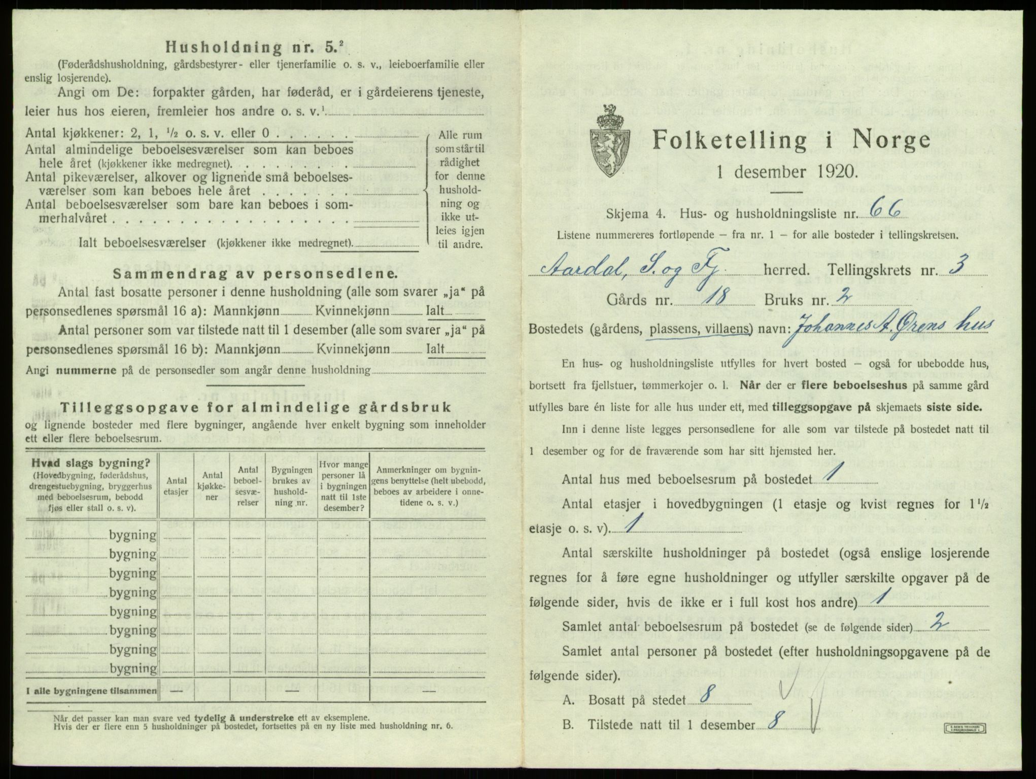 SAB, 1920 census for Årdal, 1920, p. 330