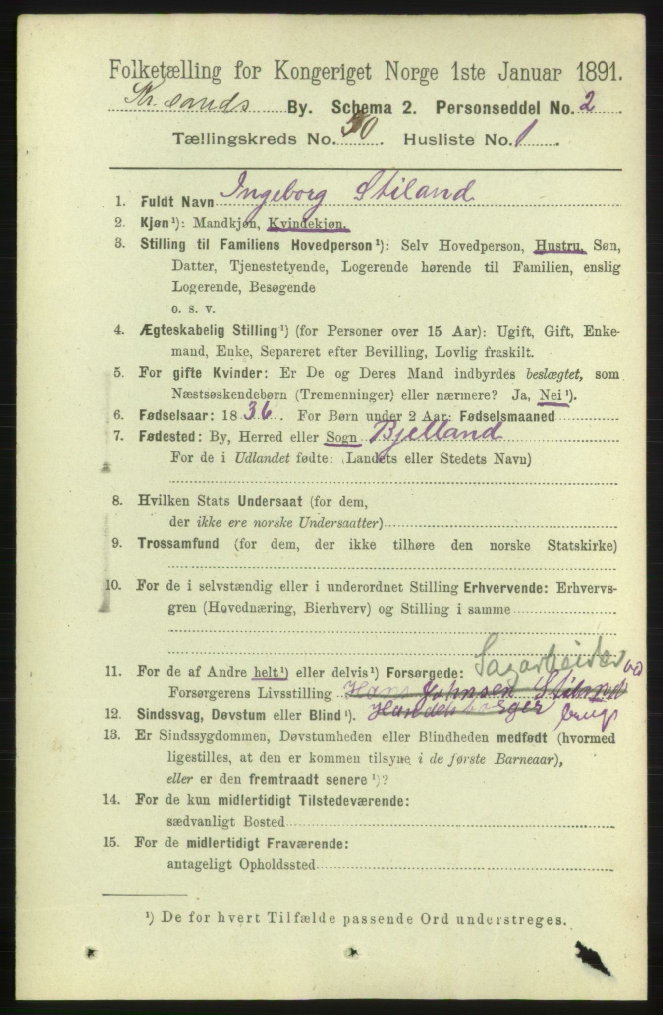 RA, 1891 census for 1001 Kristiansand, 1891, p. 14887