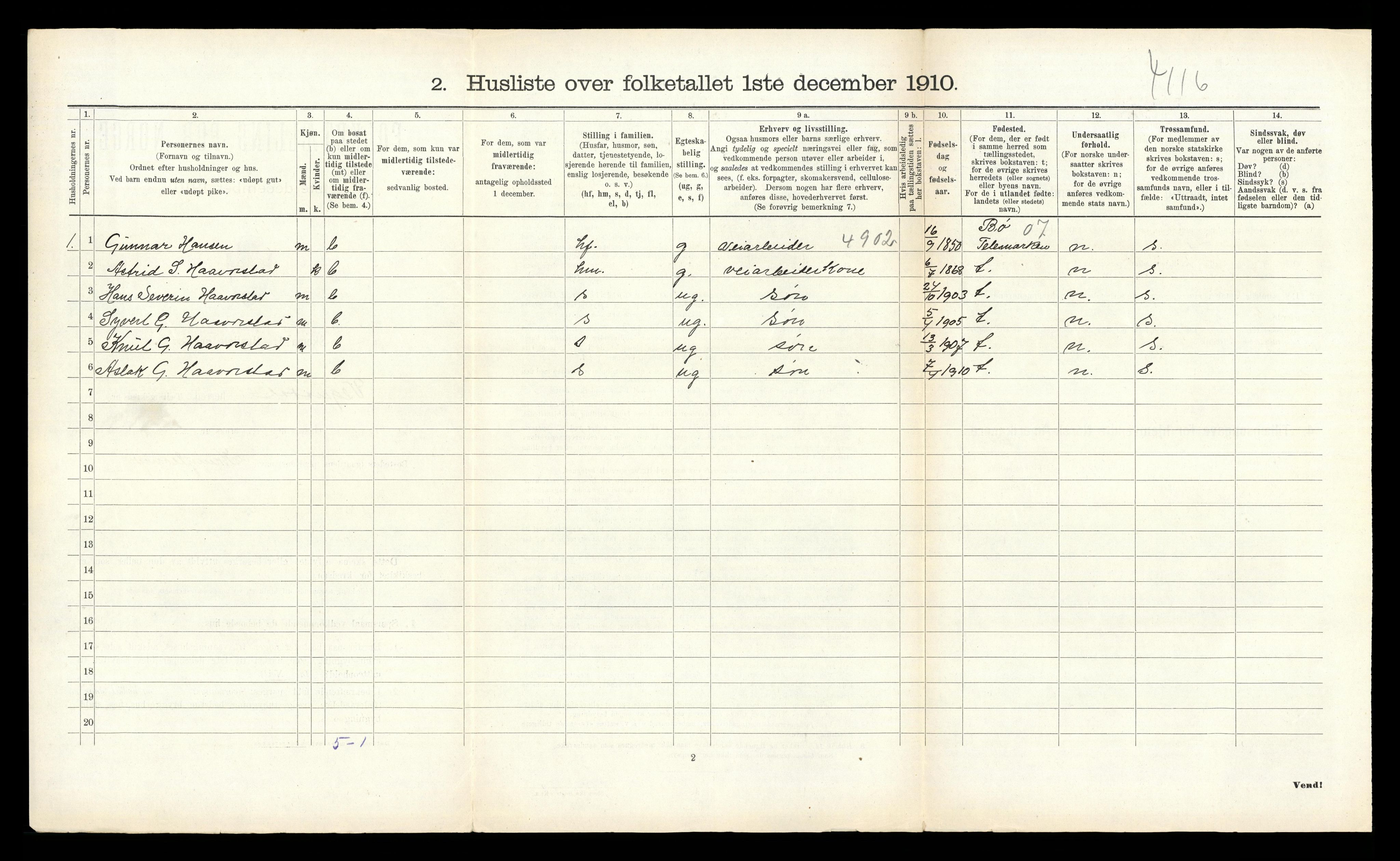 RA, 1910 census for Vegusdal, 1910, p. 90