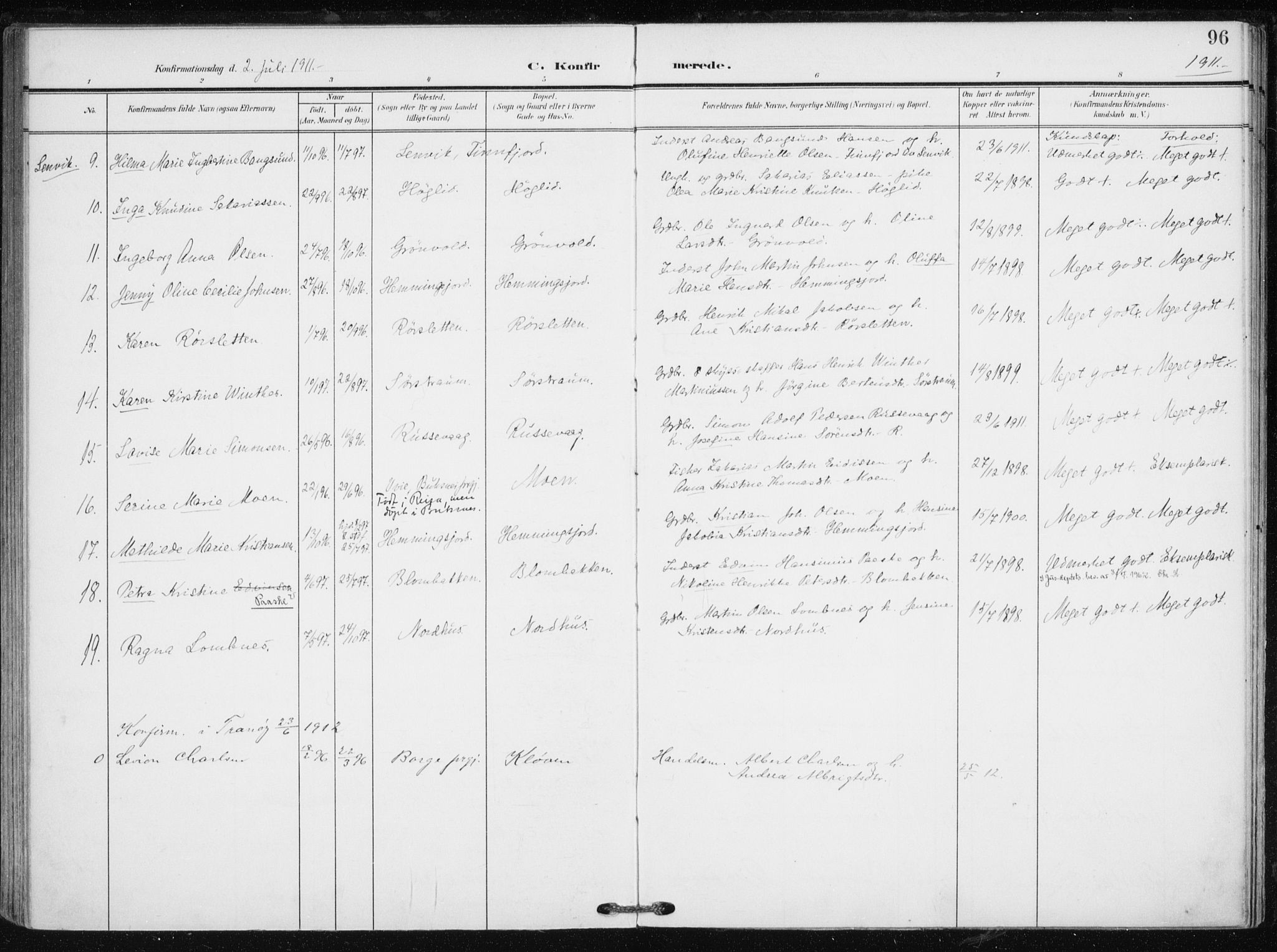 Tranøy sokneprestkontor, SATØ/S-1313/I/Ia/Iaa/L0012kirke: Parish register (official) no. 12, 1905-1918, p. 96