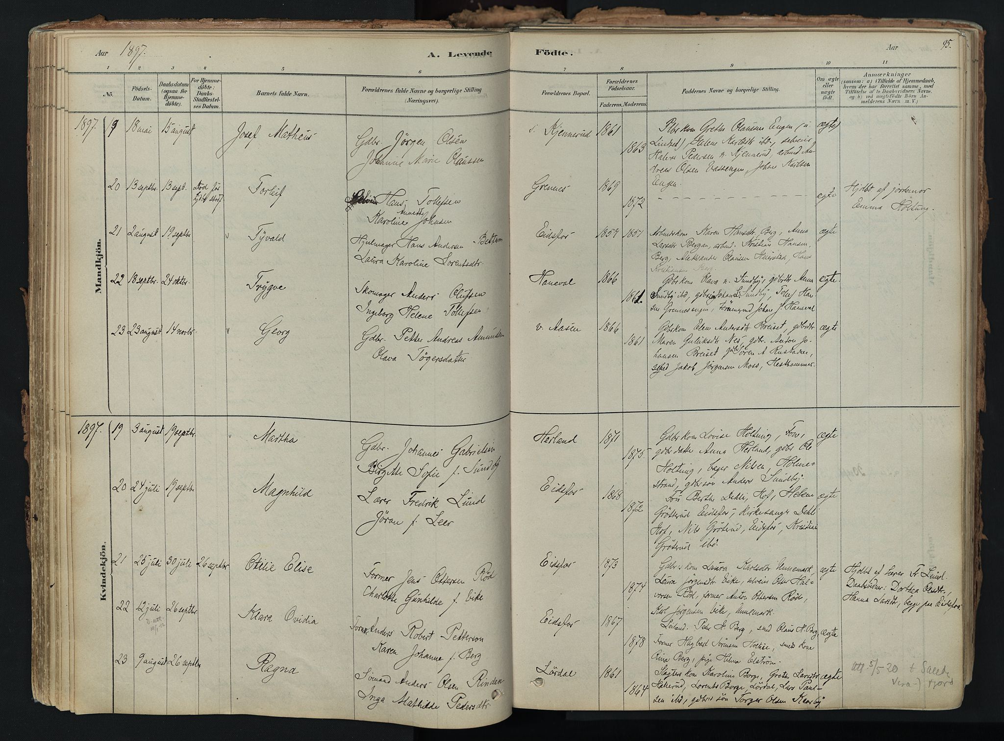 Hof kirkebøker, AV/SAKO-A-64/F/Fa/L0007: Parish register (official) no. I 7, 1878-1940, p. 95