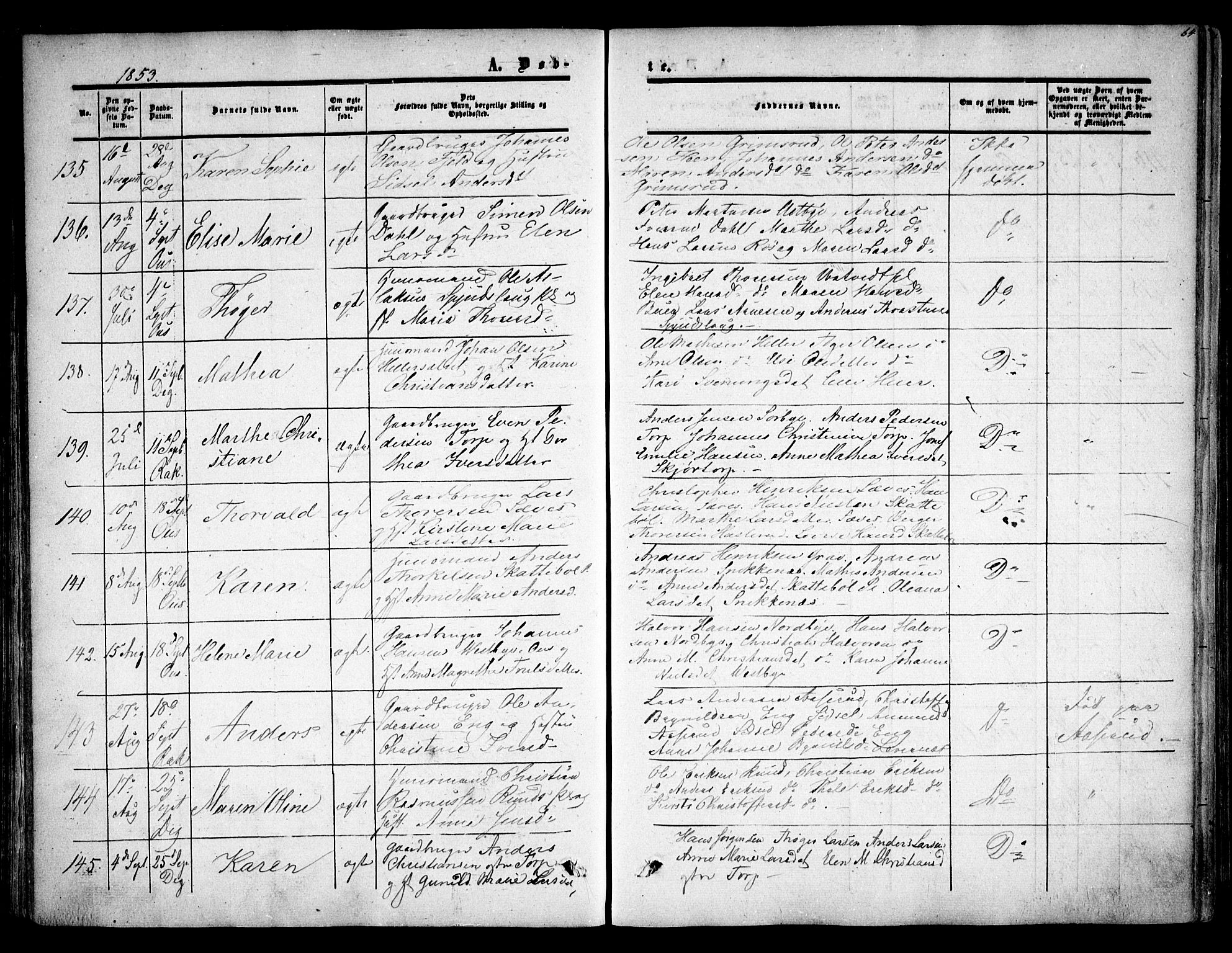 Rakkestad prestekontor Kirkebøker, SAO/A-2008/F/Fa/L0009: Parish register (official) no. I 9, 1850-1856, p. 64