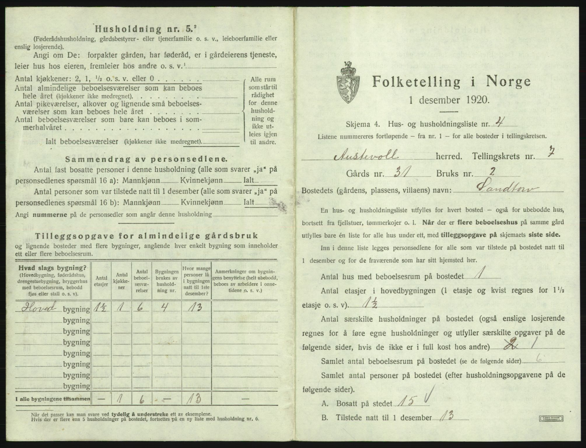 SAB, 1920 census for Austevoll, 1920, p. 459