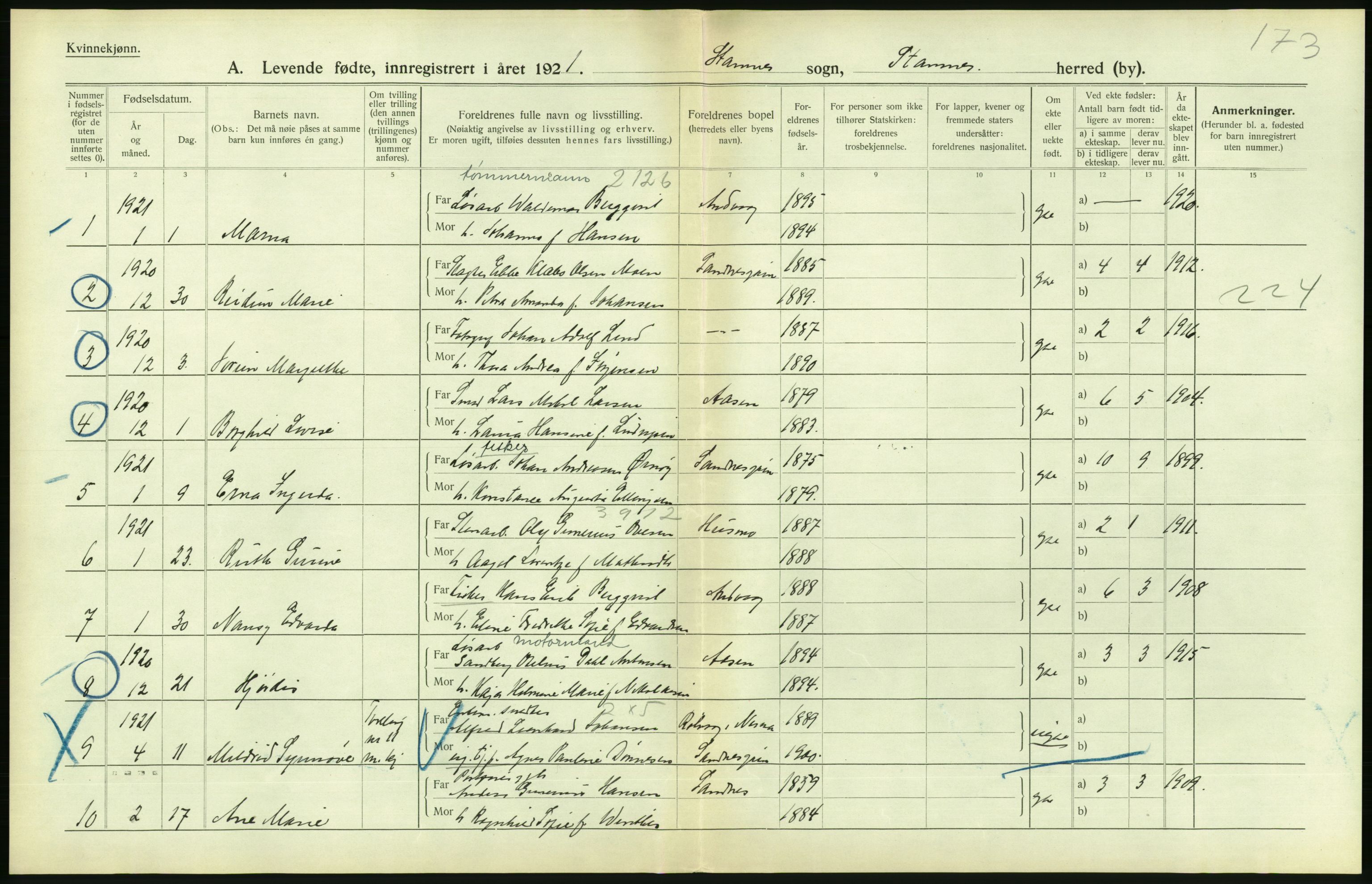 Statistisk sentralbyrå, Sosiodemografiske emner, Befolkning, AV/RA-S-2228/D/Df/Dfc/Dfca/L0049: Nordland fylke: Levendefødte menn og kvinner. Bygder., 1921, p. 74