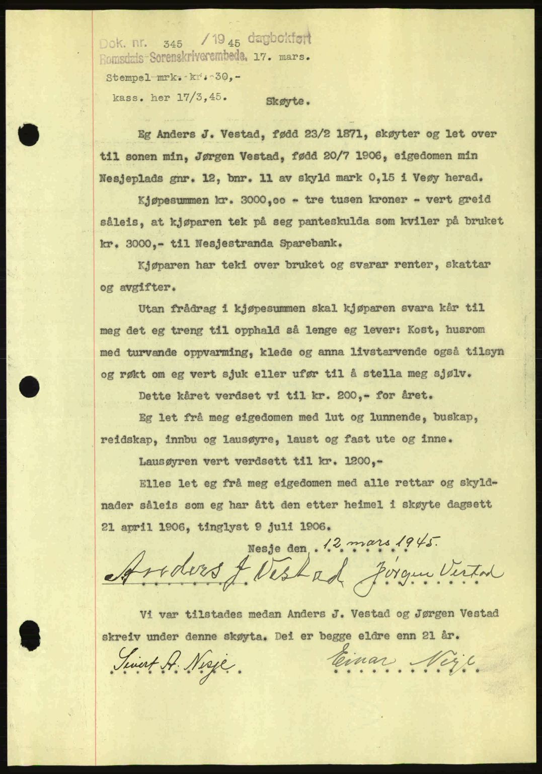 Romsdal sorenskriveri, AV/SAT-A-4149/1/2/2C: Mortgage book no. A17, 1944-1945, Diary no: : 345/1945