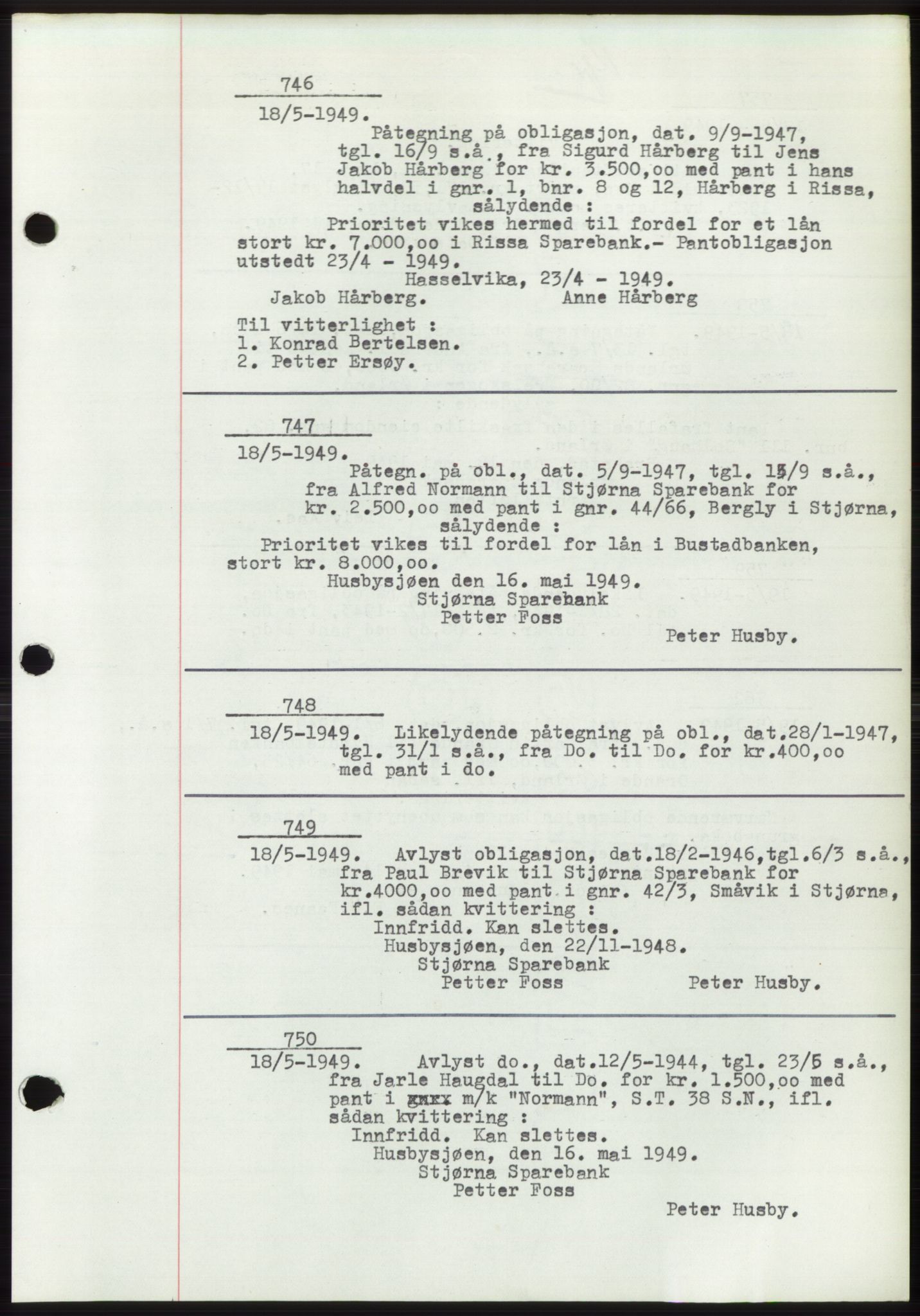 Fosen sorenskriveri, AV/SAT-A-1107/1/2/2C: Mortgage book no. B3, 1948-1950, Diary no: : 746/1949