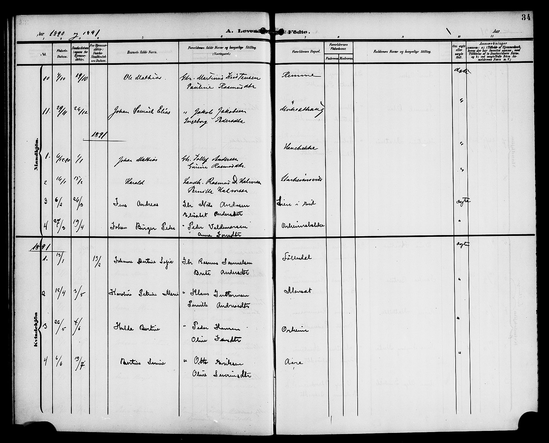 Eid sokneprestembete, SAB/A-82301/H/Haa/Haac/L0001: Parish register (official) no. C 1, 1879-1899, p. 34