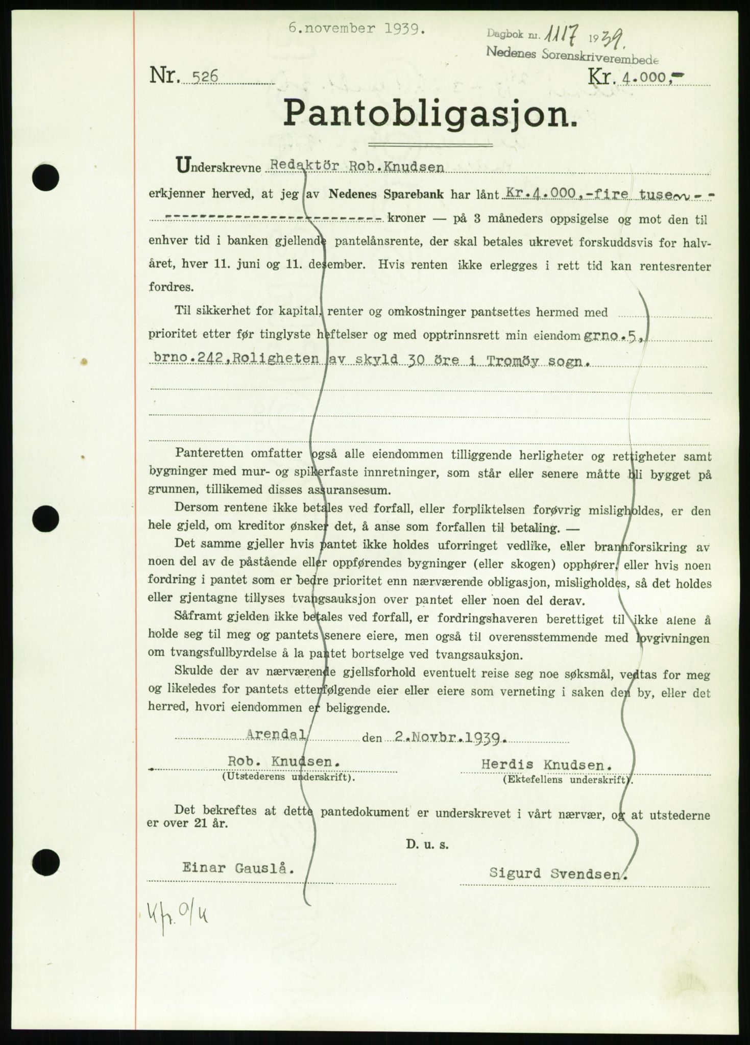 Nedenes sorenskriveri, AV/SAK-1221-0006/G/Gb/Gbb/L0001: Mortgage book no. I, 1939-1942, Diary no: : 1117/1939