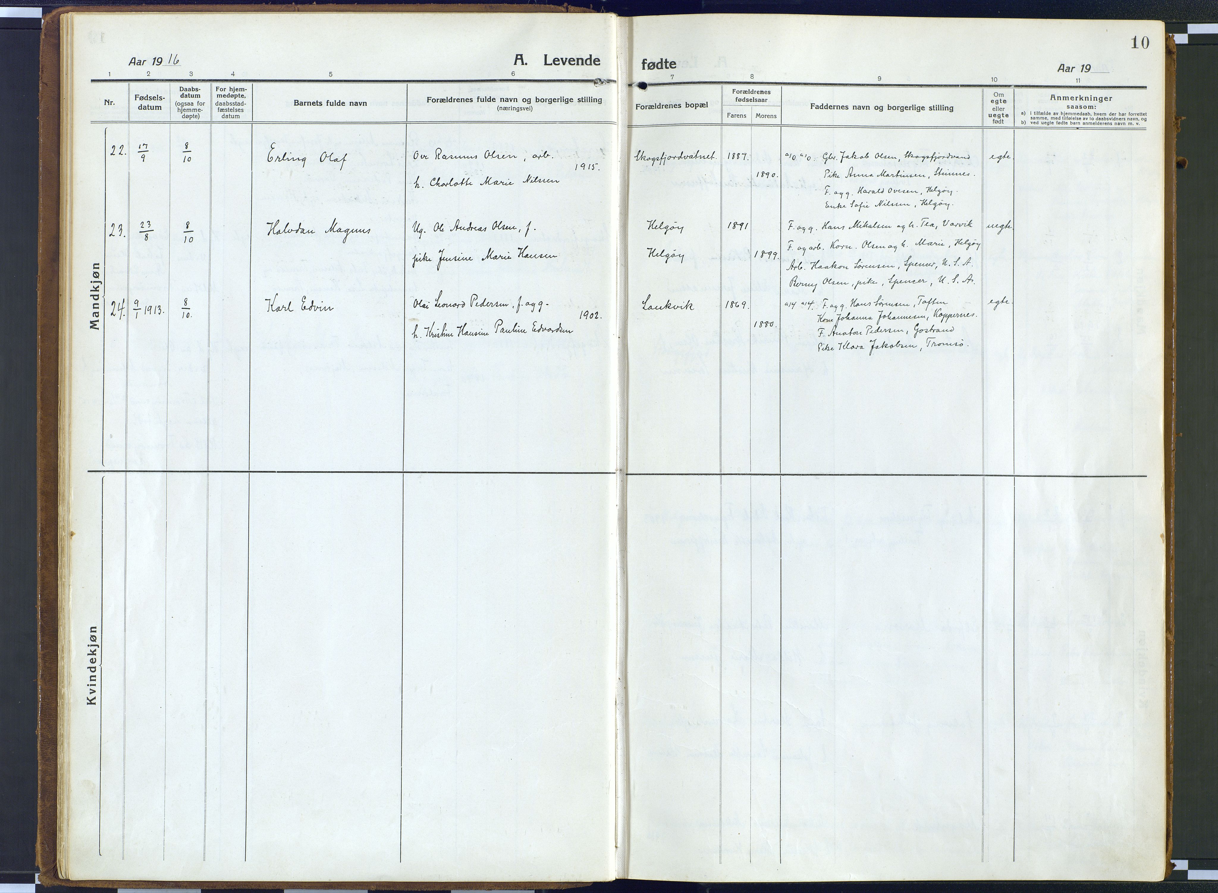 Karlsøy sokneprestembete, AV/SATØ-S-1299/H/Ha/Haa/L0016kirke: Parish register (official) no. 16, 1916-1934, p. 10