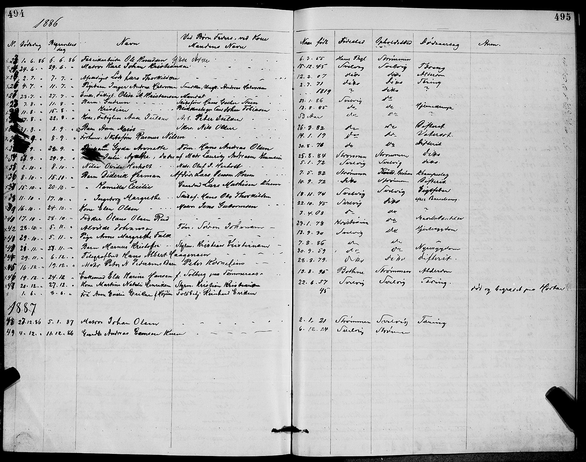Strømm kirkebøker, SAKO/A-322/G/Ga/L0002: Parish register (copy) no. I 2, 1885-1888, p. 494-495
