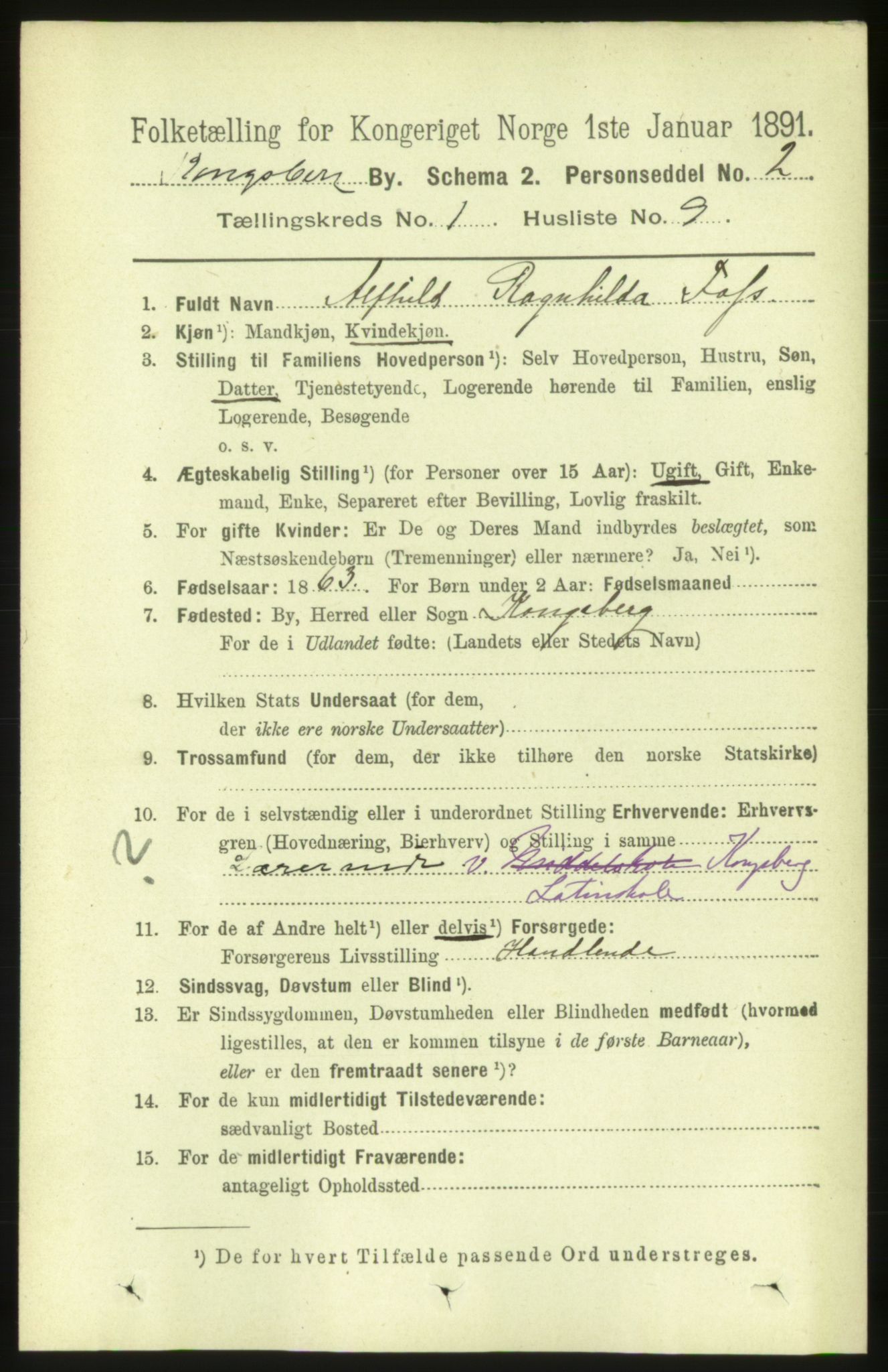 RA, 1891 census for 0604 Kongsberg, 1891, p. 1654