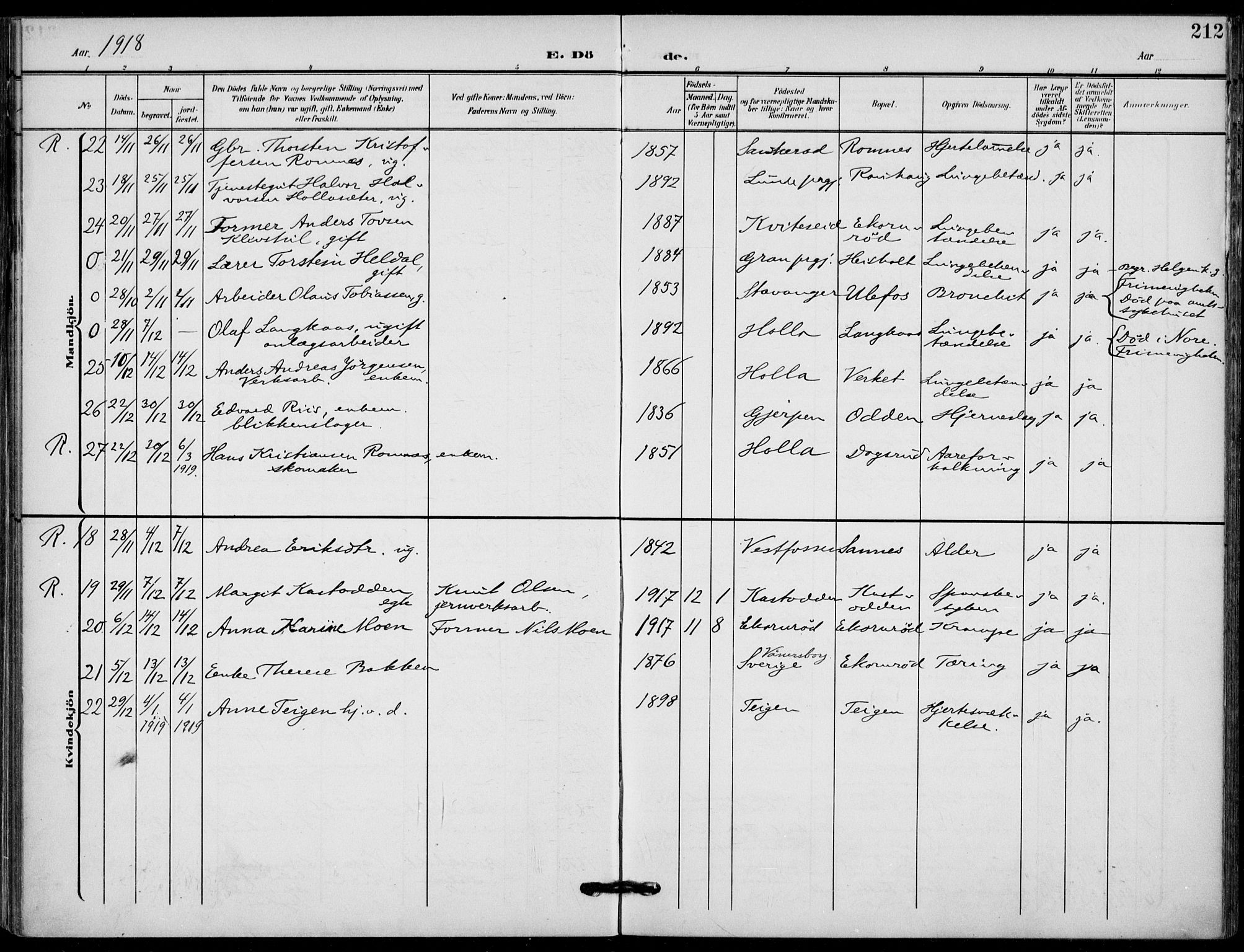 Holla kirkebøker, SAKO/A-272/F/Fa/L0012: Parish register (official) no. 12, 1907-1923, p. 212
