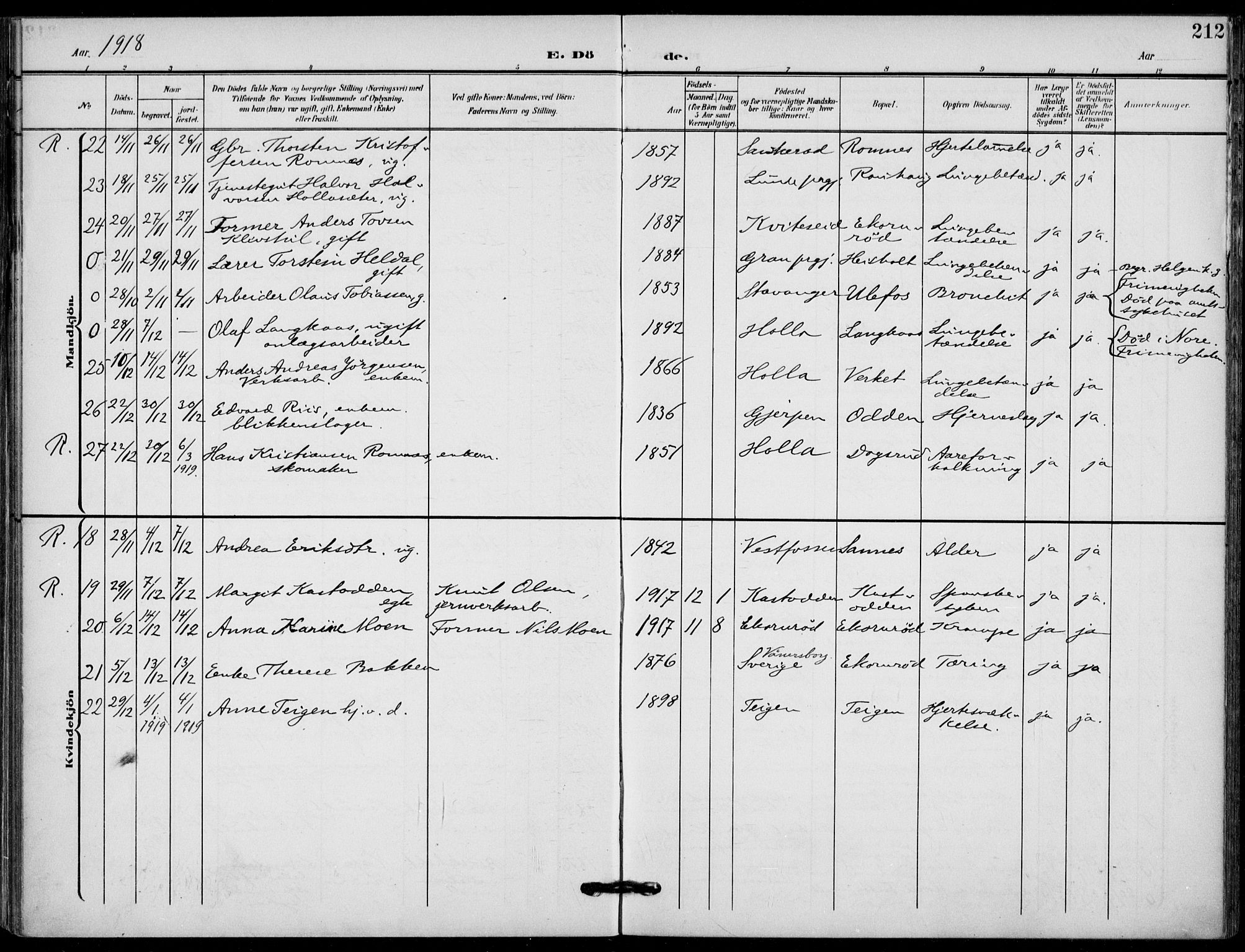 Holla kirkebøker, AV/SAKO-A-272/F/Fa/L0012: Parish register (official) no. 12, 1907-1923, p. 212