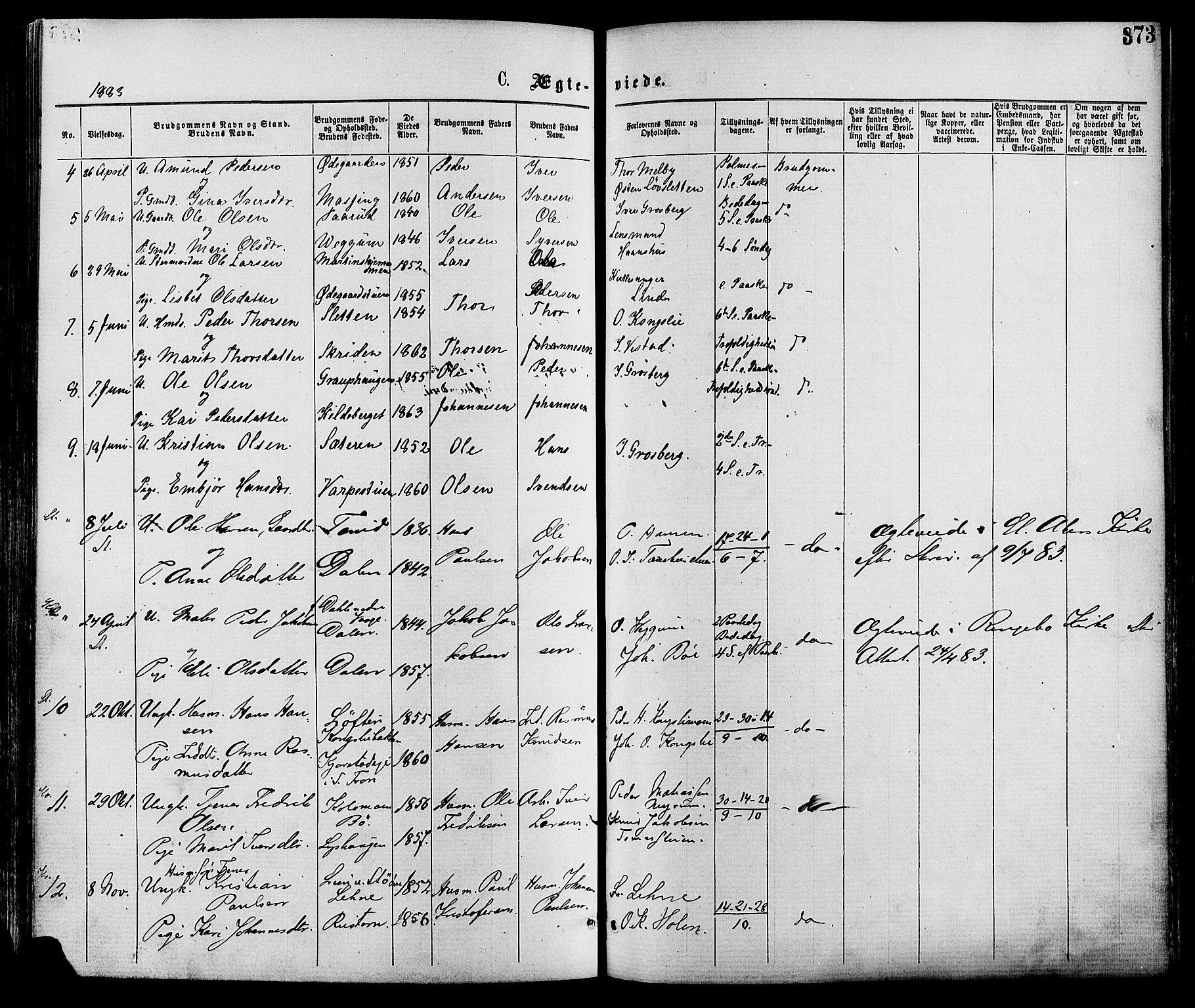 Nord-Fron prestekontor, SAH/PREST-080/H/Ha/Haa/L0002: Parish register (official) no. 2, 1865-1883, p. 373