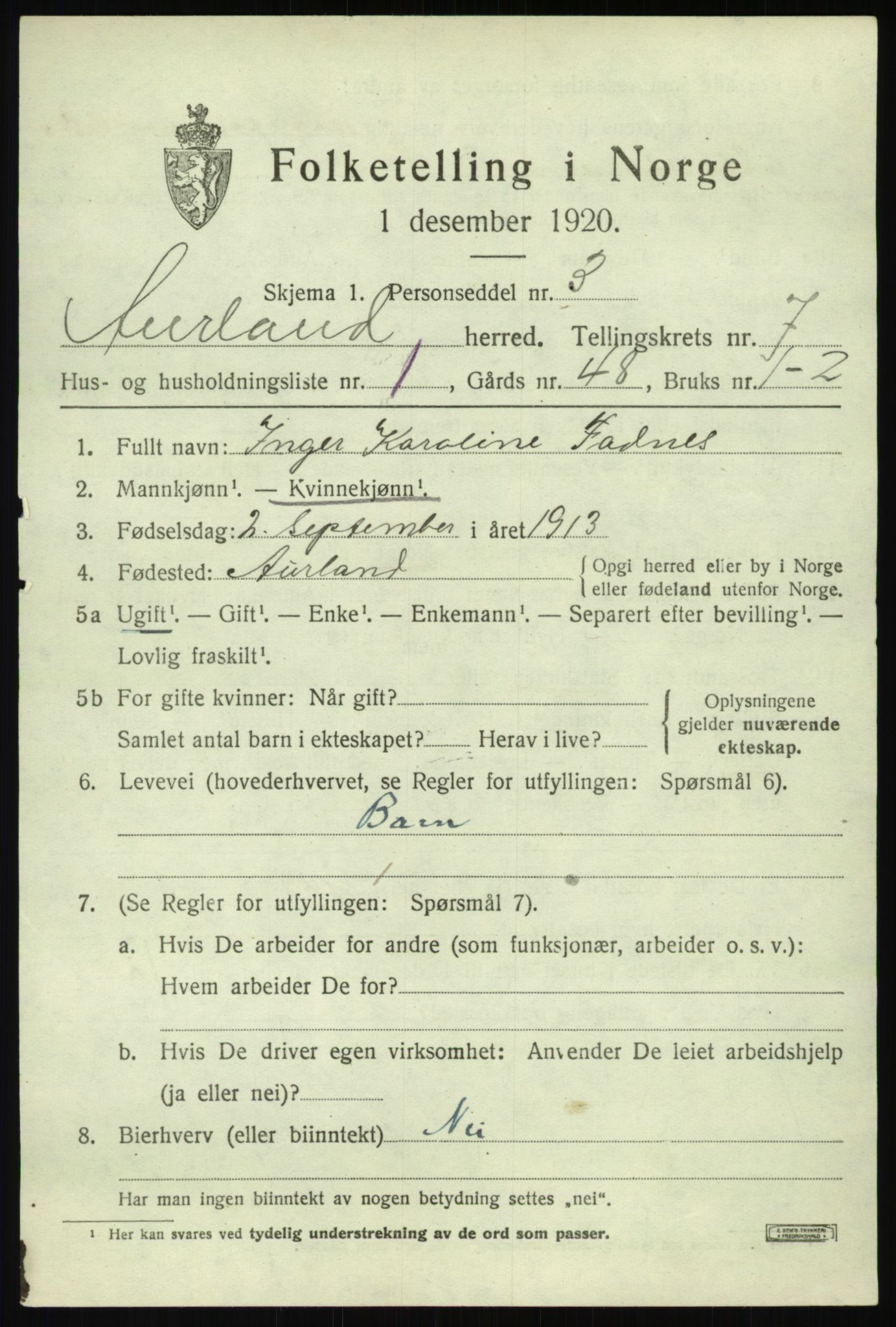 SAB, 1920 census for Aurland, 1920, p. 4074