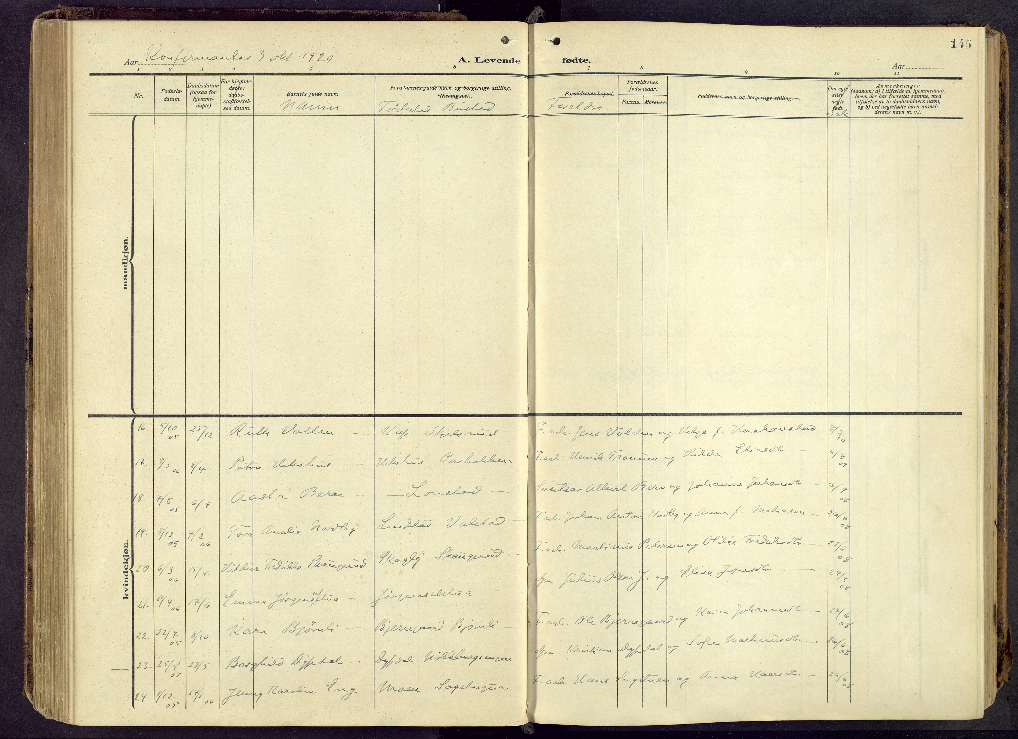 Østre Toten prestekontor, AV/SAH-PREST-104/H/Ha/Haa/L0010: Parish register (official) no. 10, 1910-1920, p. 145