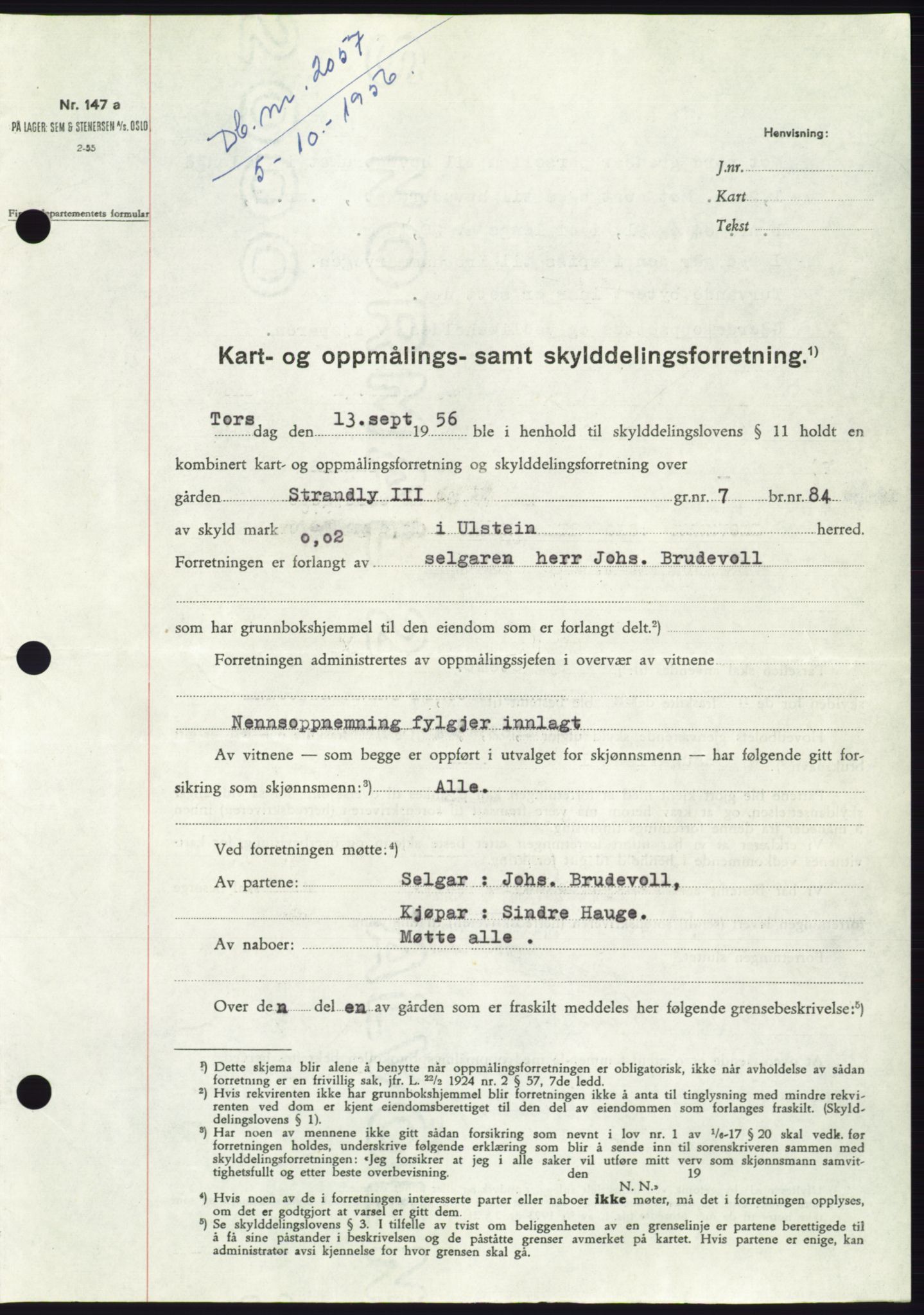 Søre Sunnmøre sorenskriveri, AV/SAT-A-4122/1/2/2C/L0104: Mortgage book no. 30A, 1956-1956, Diary no: : 2057/1956