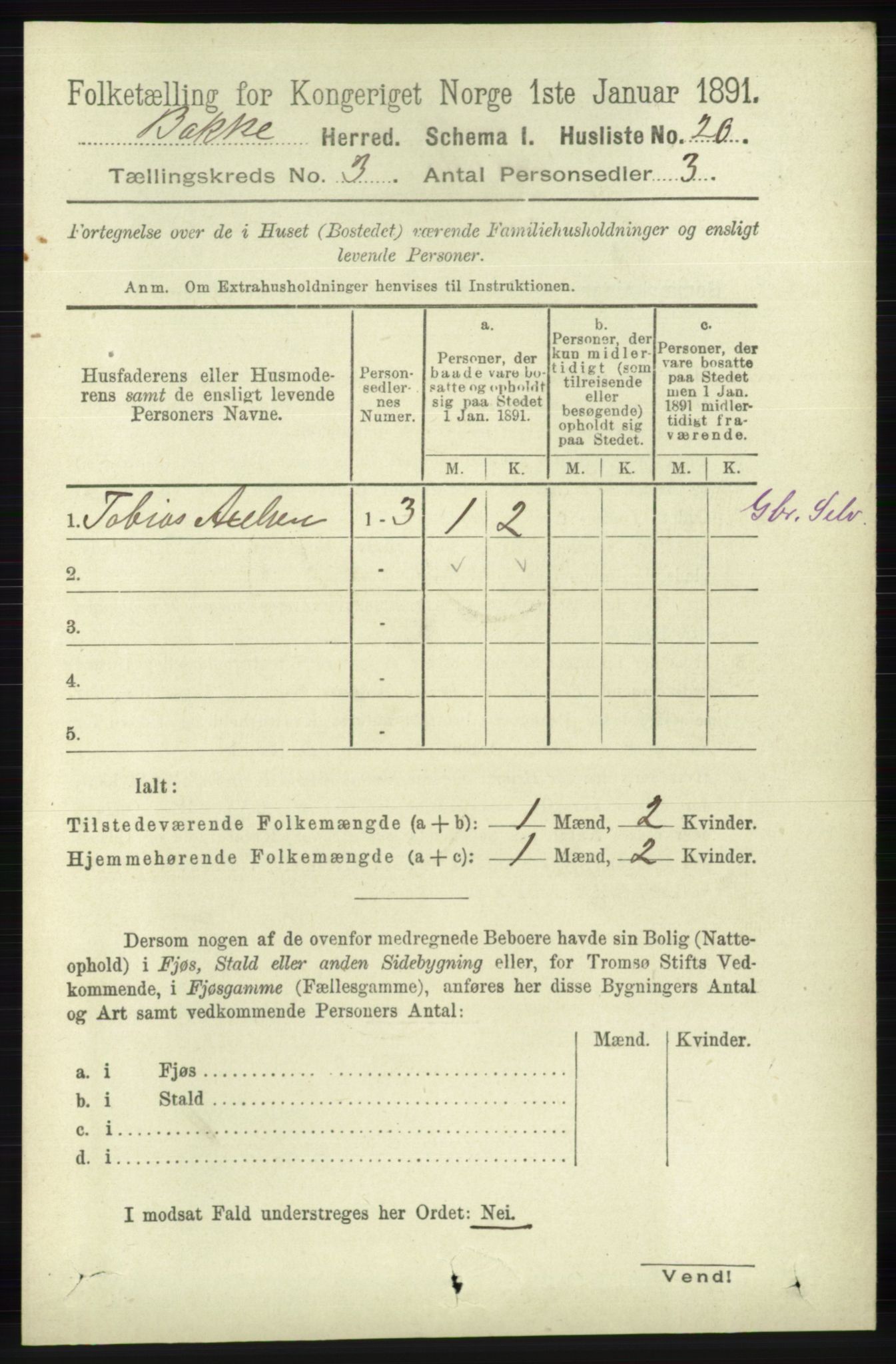 RA, 1891 census for 1045 Bakke, 1891, p. 408